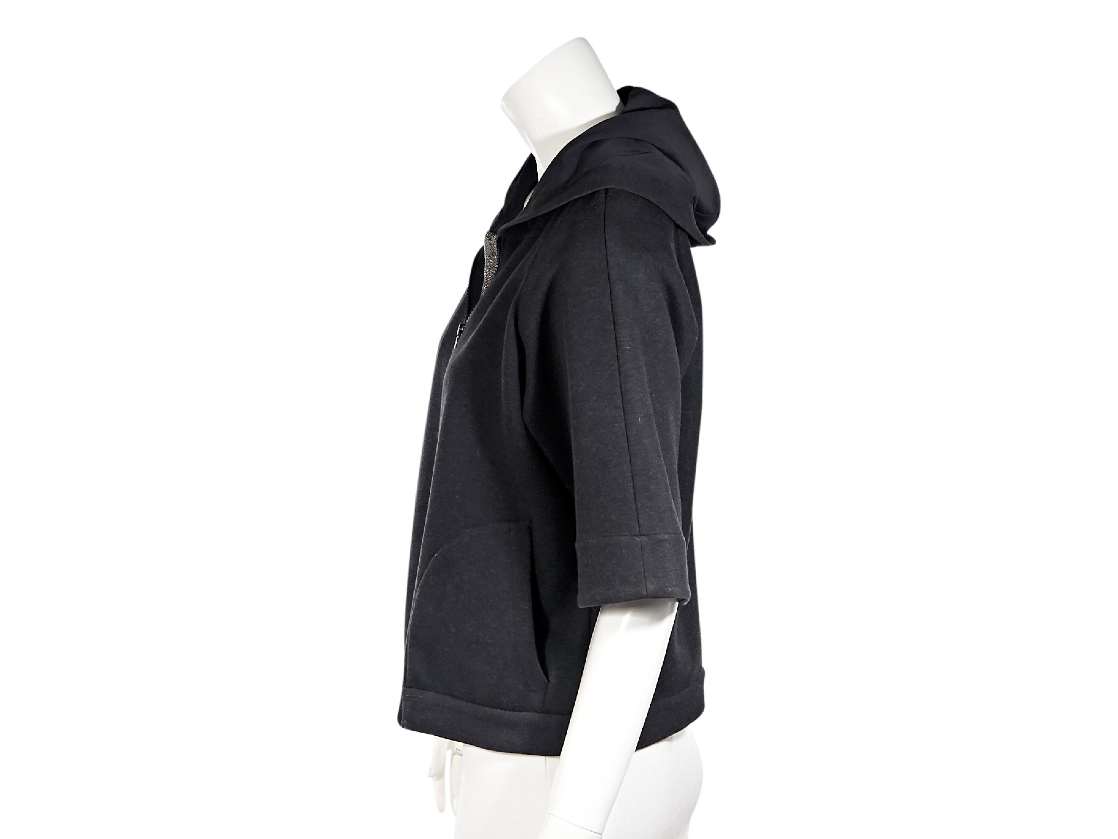 Product details:  Grey silk-blend hoodie by Brunello Cucinelli.  Short sleeves.  Zip-front closure.  Waist slide pockets.  36