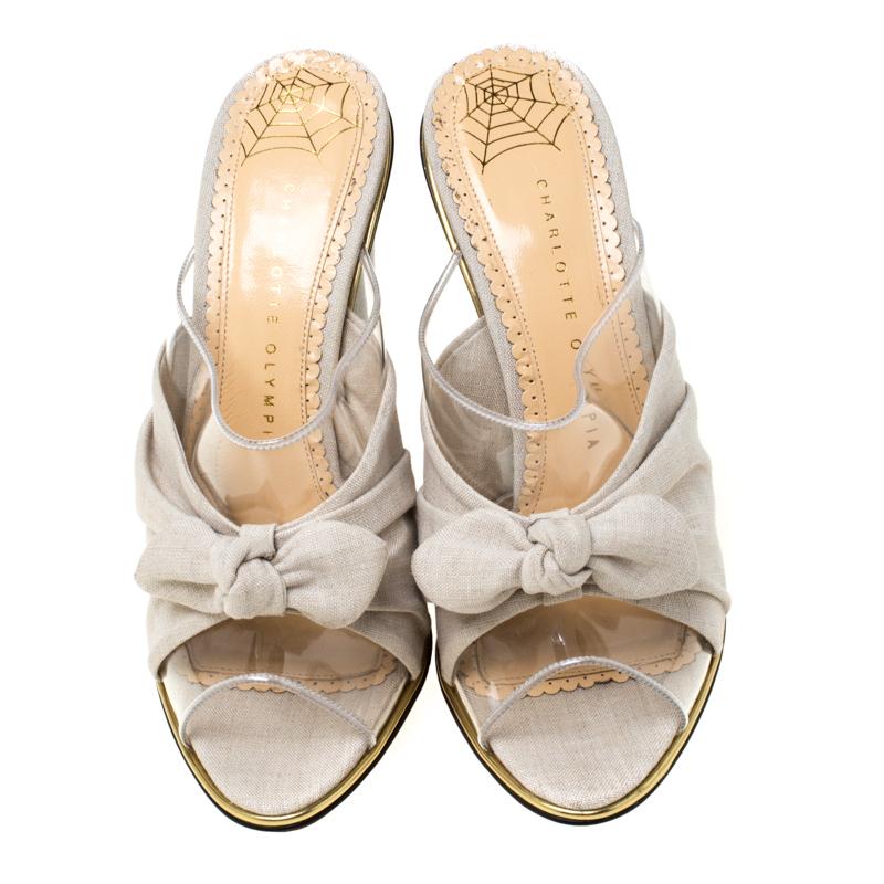Beige Grey Canvas And PVC Theresa Knot Detail Peep Toe Wedge Slides Size 39