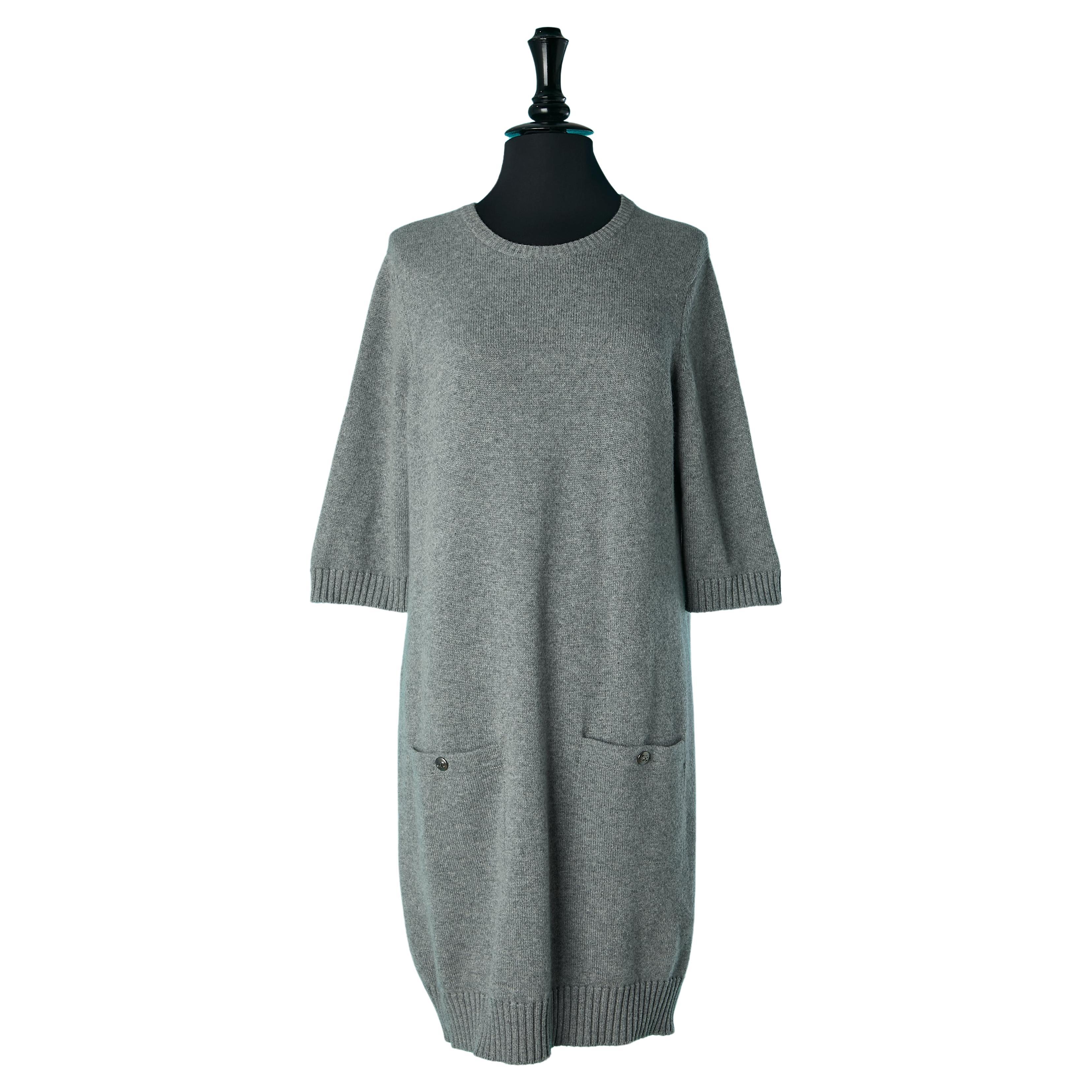 Grey cashmere dress with short sleeves Chanel  For Sale