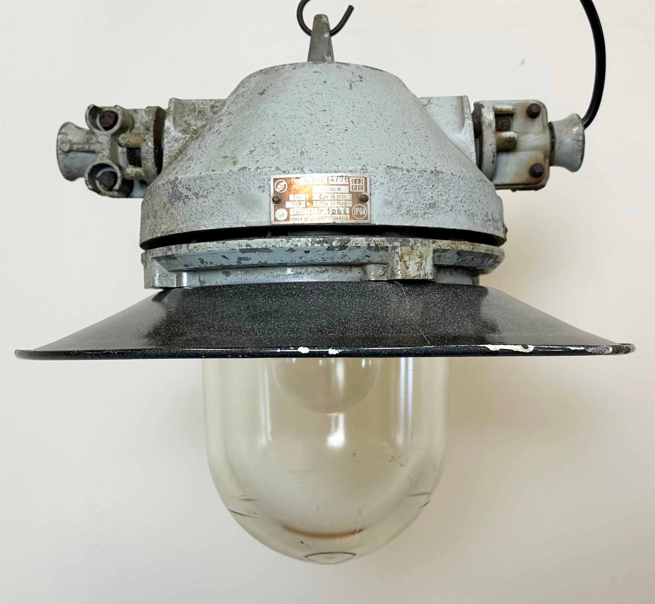Industrial Grey Cast Aluminium Explosion Proof Lamp with Enameled Shade, 1970s For Sale
