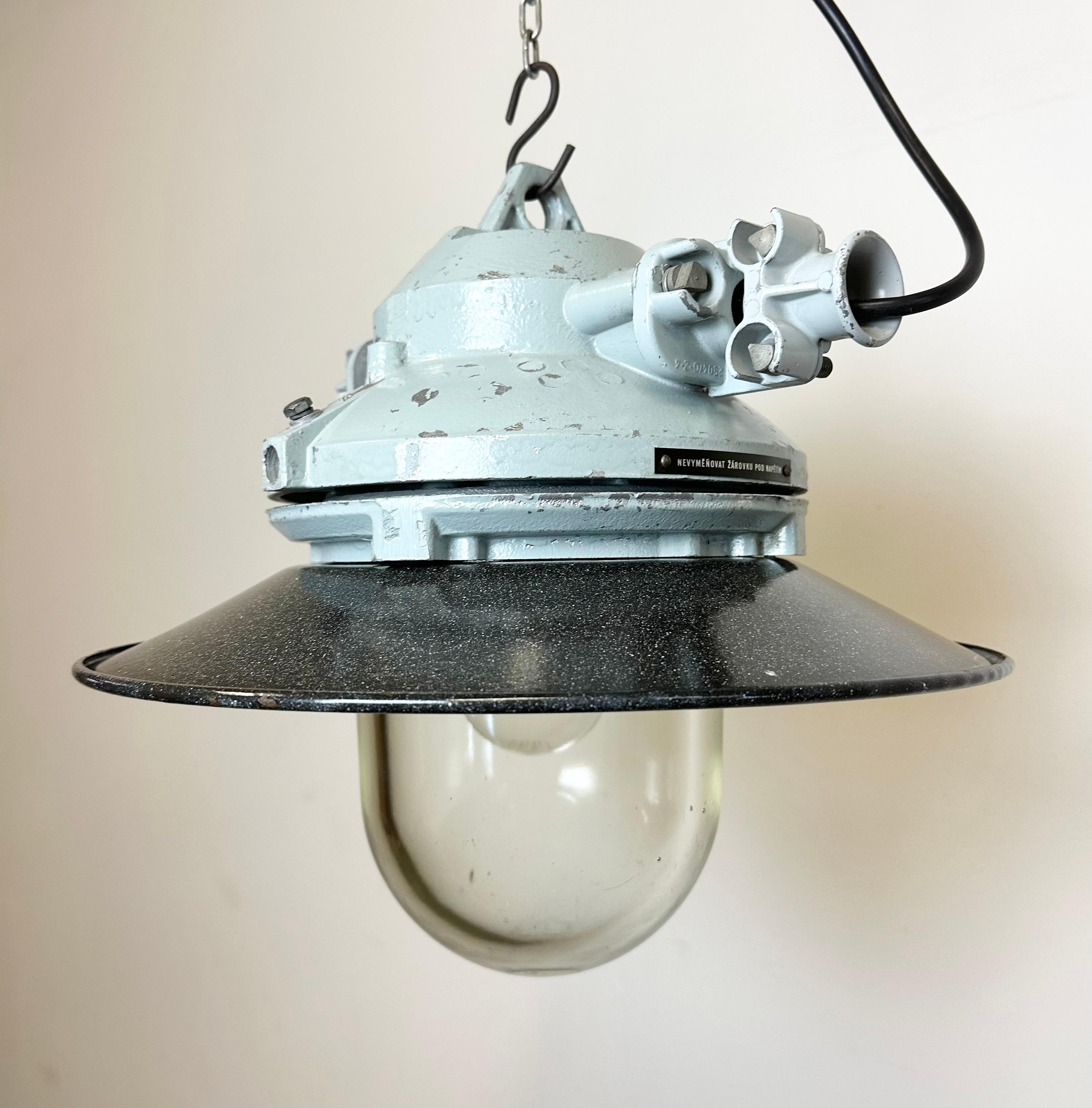 Grey Cast Aluminium Explosion Proof Lamp with Enameled Shade, 1970s In Good Condition For Sale In Kojetice, CZ