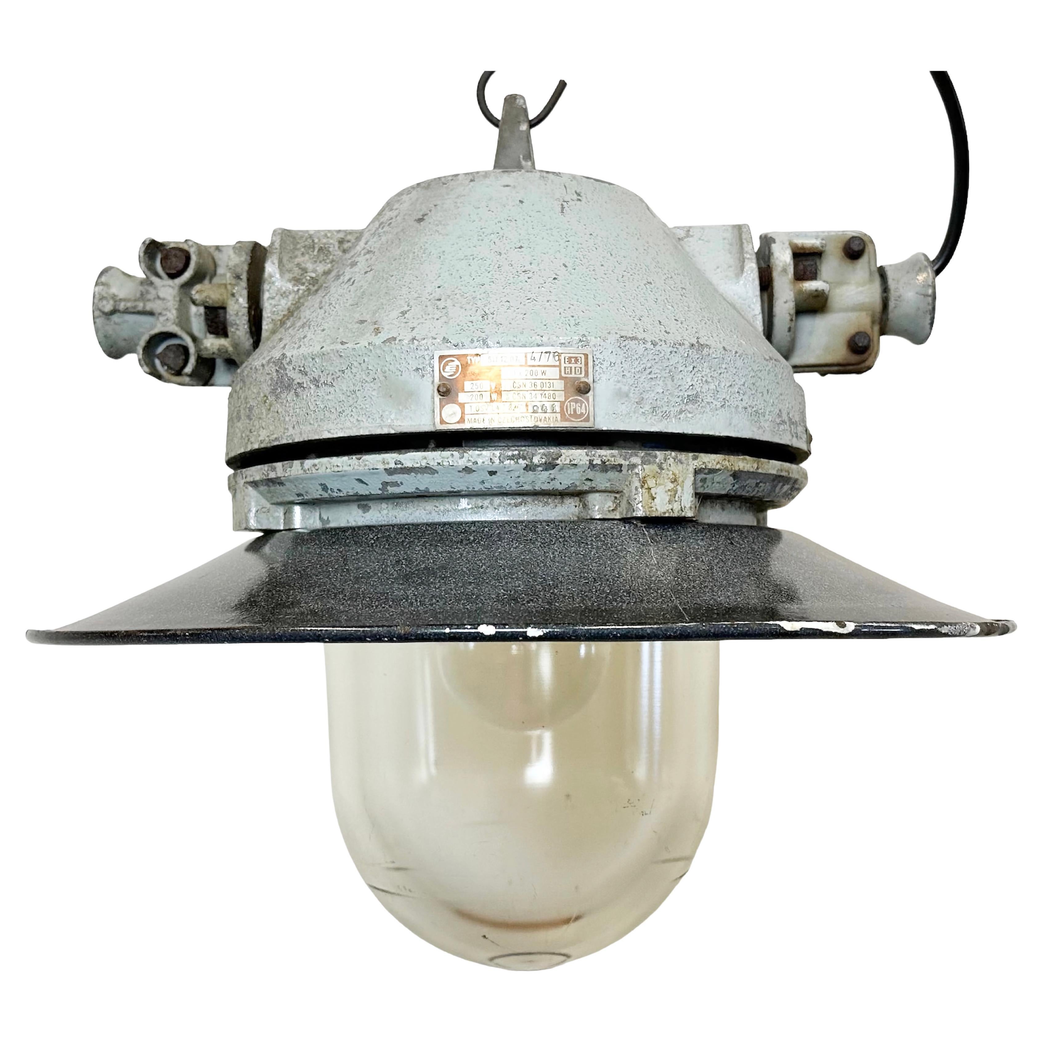 Grey Cast Aluminium Explosion Proof Lamp with Enameled Shade, 1970s For Sale