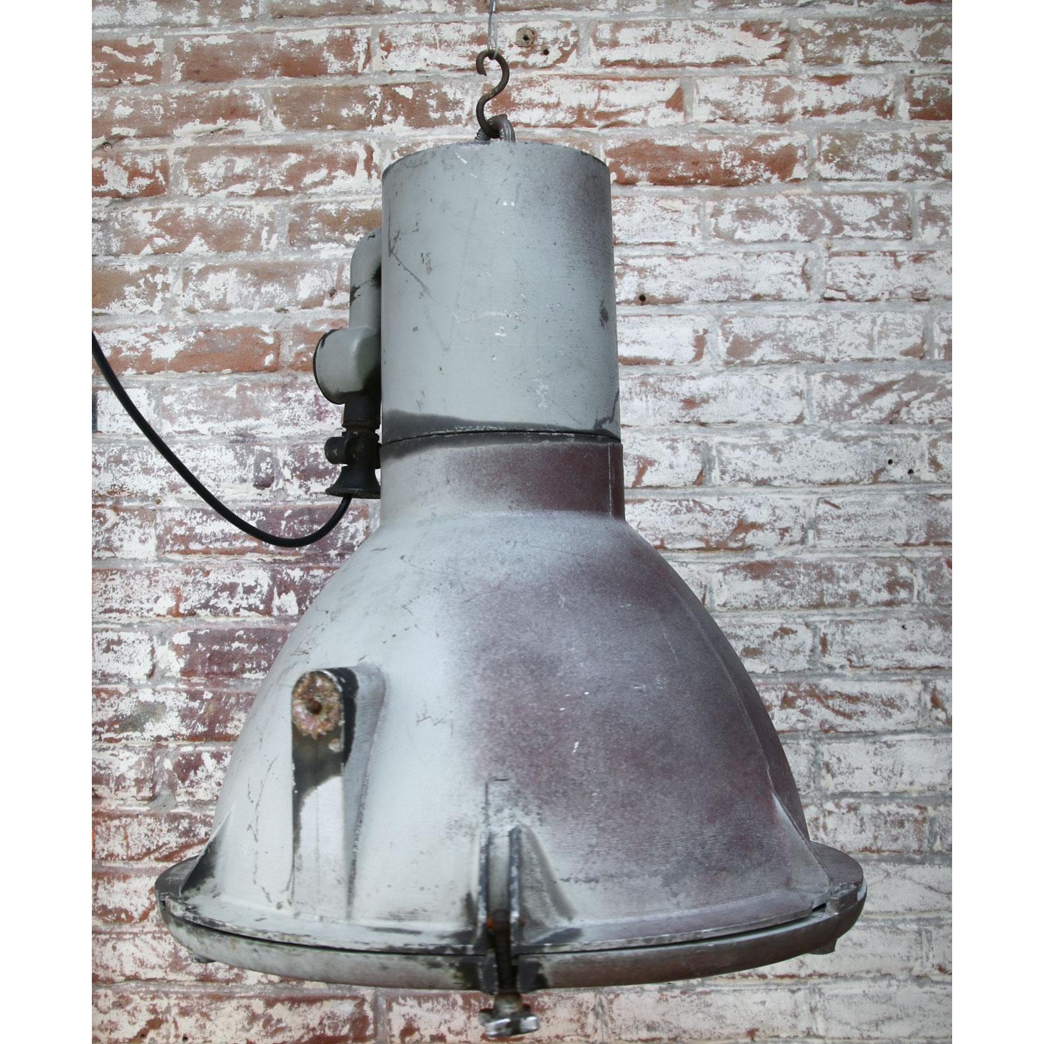 20th Century Grey Cast Aluminum Vintage Industrial Glass Hanging Pendant Light For Sale