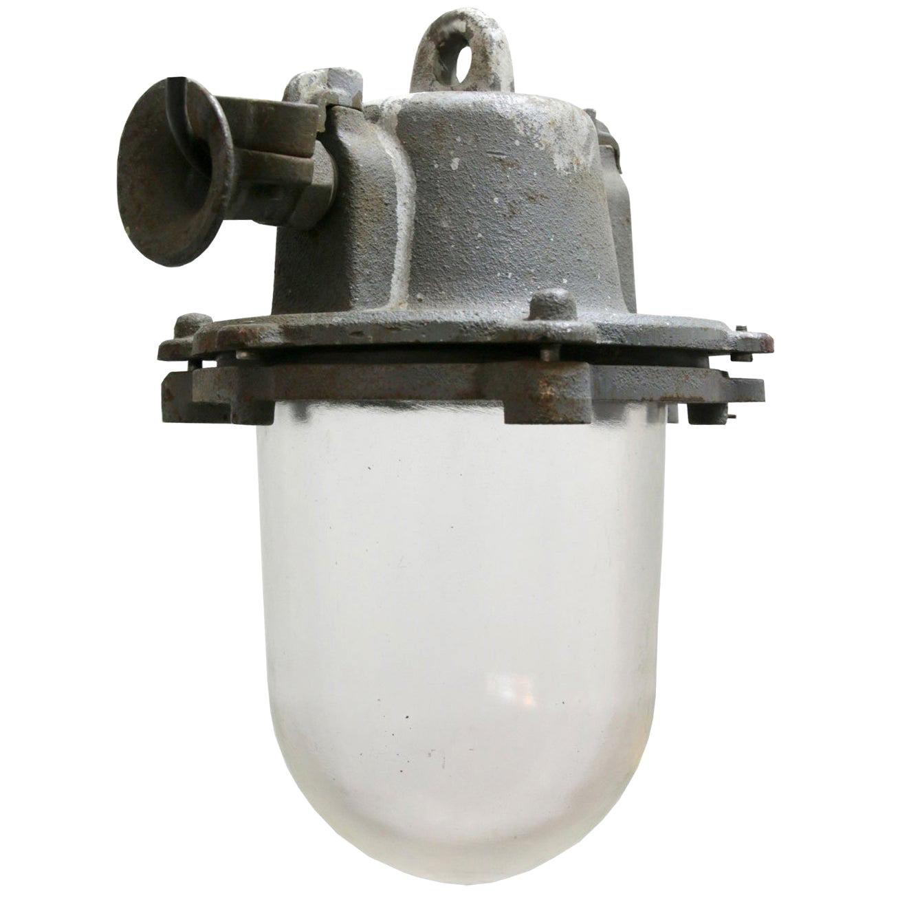 Lampe à suspension industrielle vintage en fonte grise en verre transparent