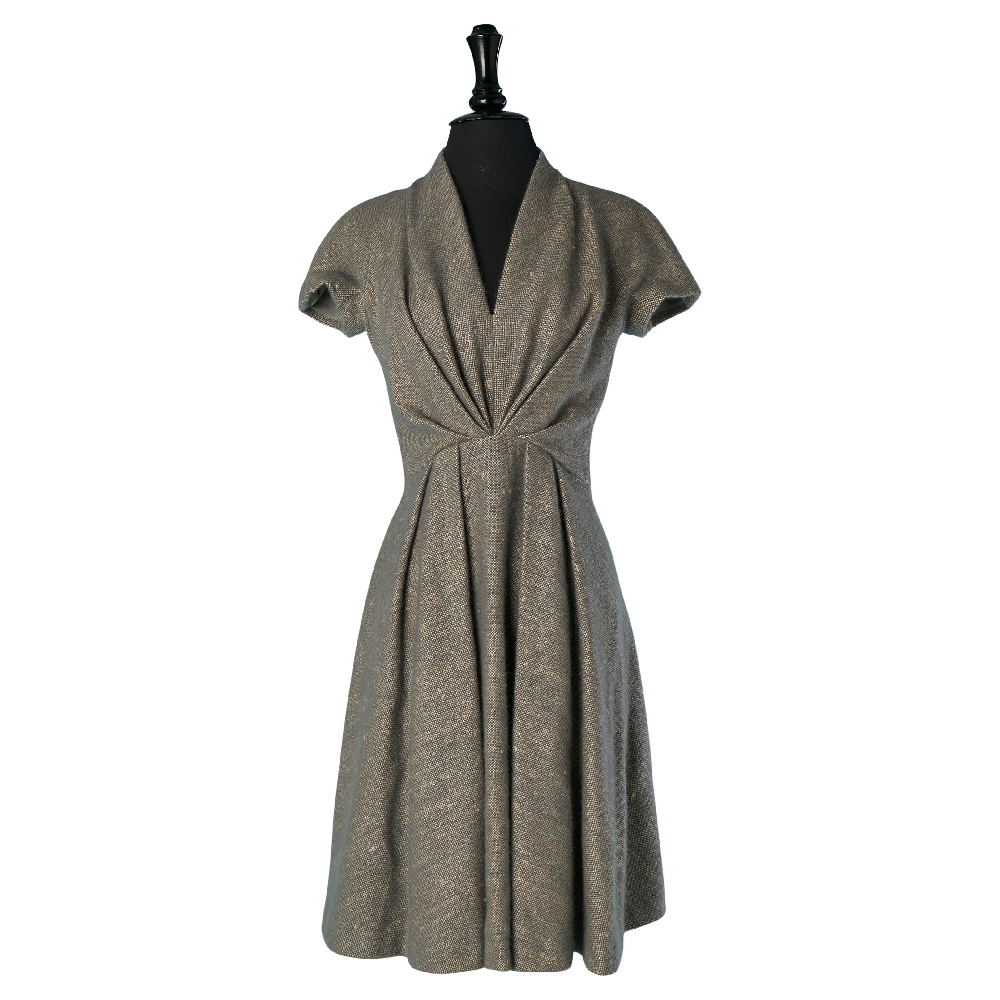 Grey caviar wool draped day dress CHRISTIAN DIOR by JOHN GALLIANO