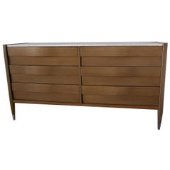 Grey Cerused 6 Drawer Wave Dresser with Travertine Marble Top, Merton Gershun