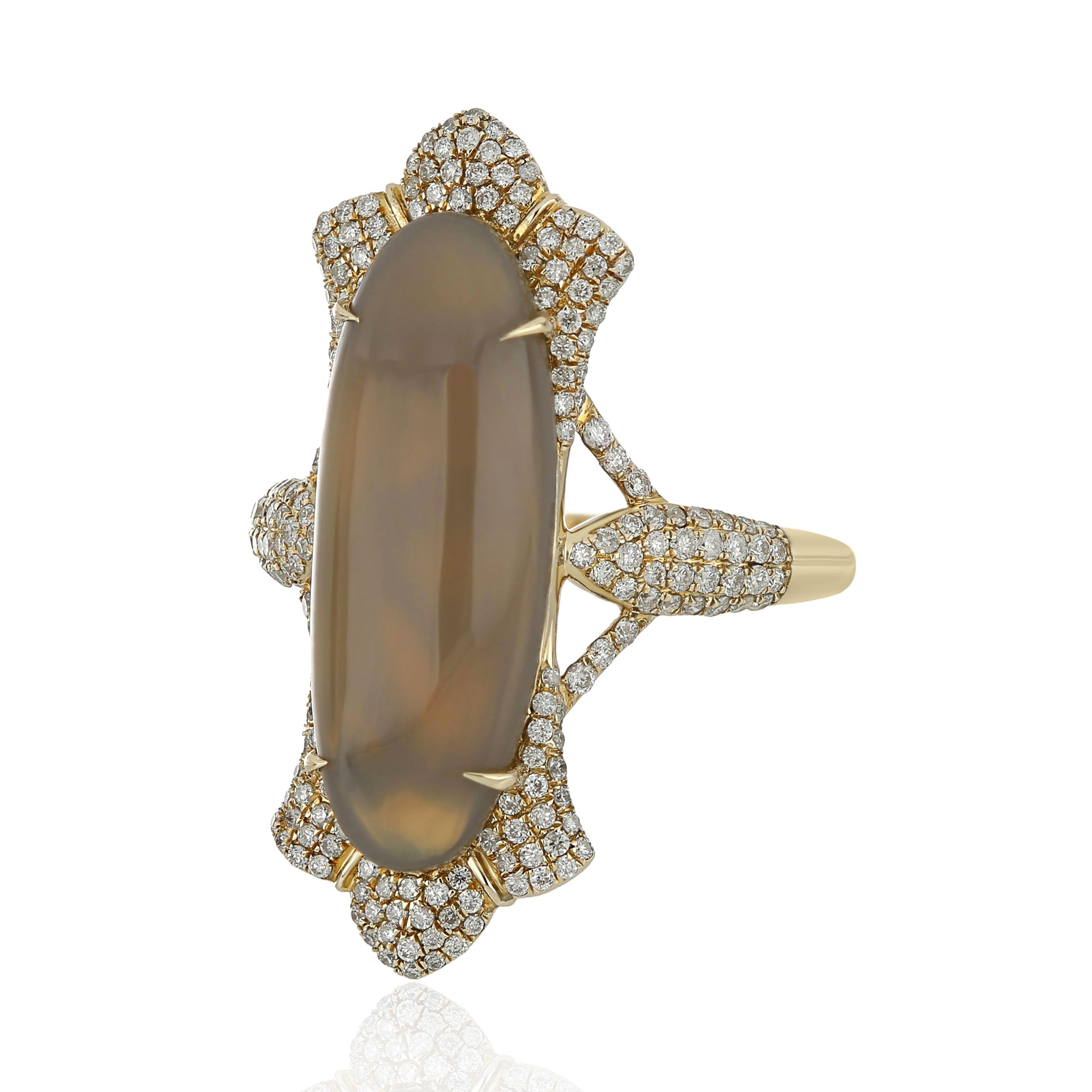 For Sale:  Grey Chalcedony and Diamond Ring 14 Karat Yellow Gold handcraft jewelry Ring  3