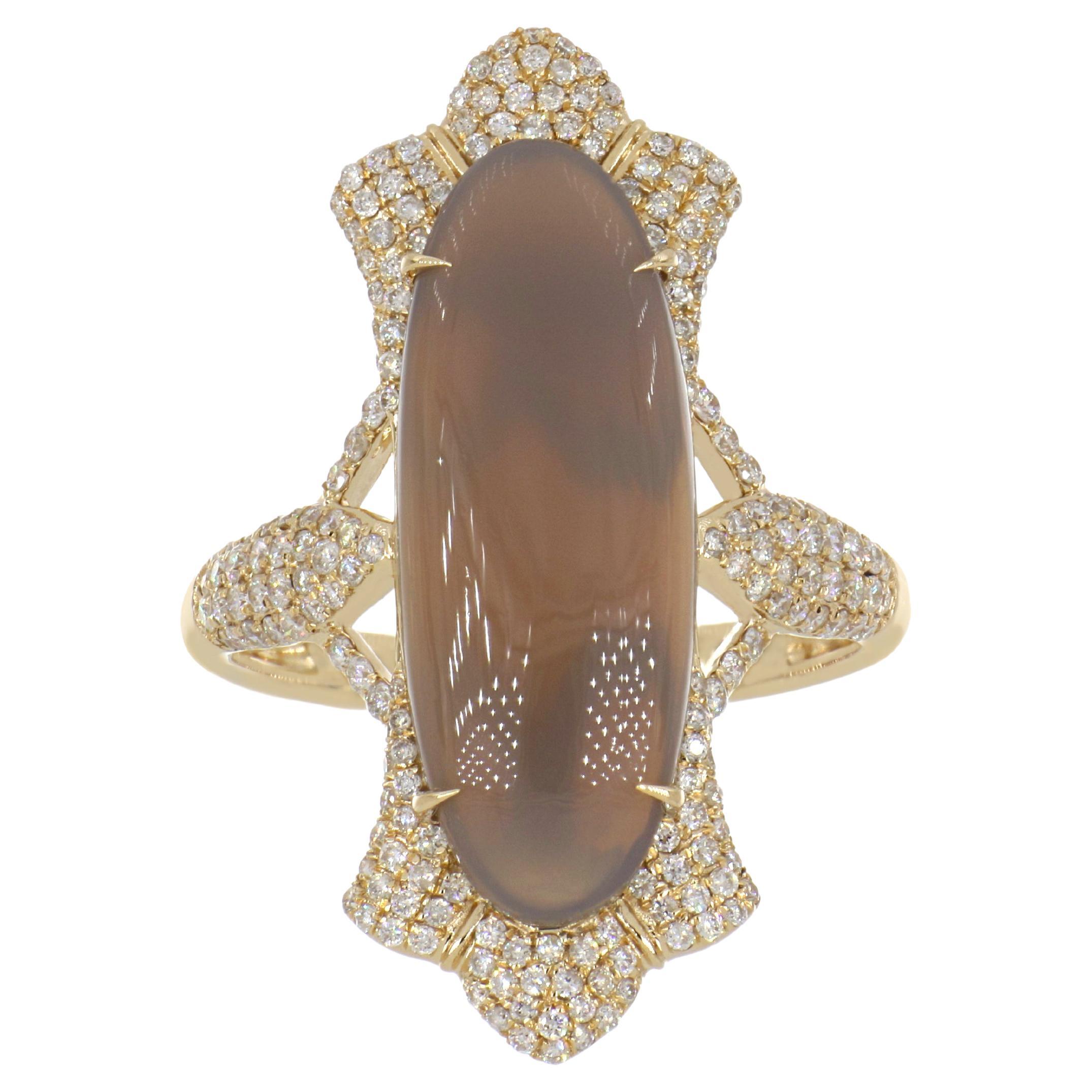 Grauer Chalcedon und Diamant Ring 14 Karat Gelbgold Handcraft Schmuck Ring 