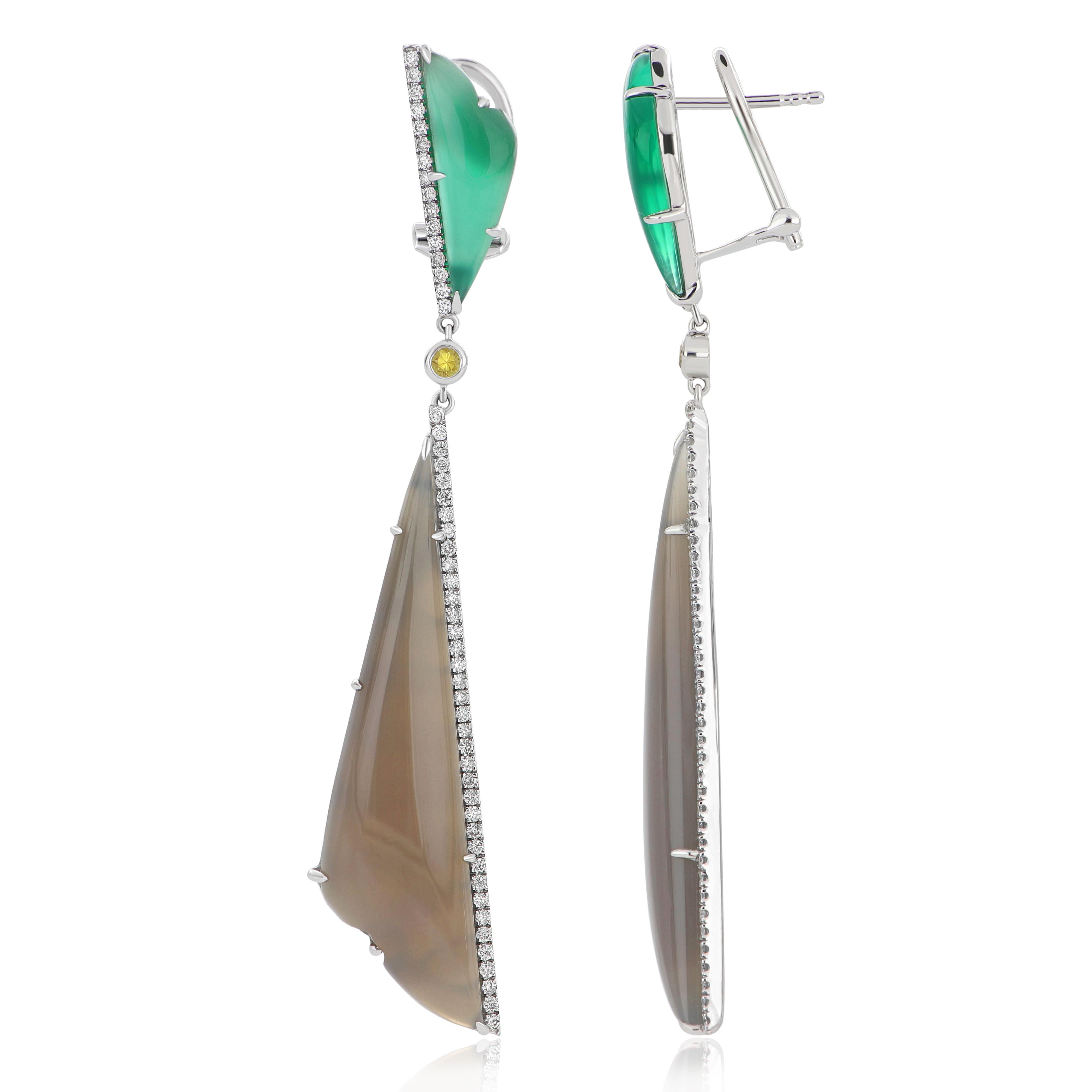 Elegant and exquisitely detailed 14 Karat White Gold Earrings, center set with 18.90 Cts. Cab Fancy Shape Grey Chalcedony and 3.8 Cts Green Onyx, accented with Yellow Sapphire and micro pave set Diamonds, weighing approx. 0.63 Cts.  Beautifully Hand