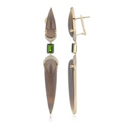 Grey Chalcedony, Chrome Diopside and Diamond Earring 14 Karat Yellow gold