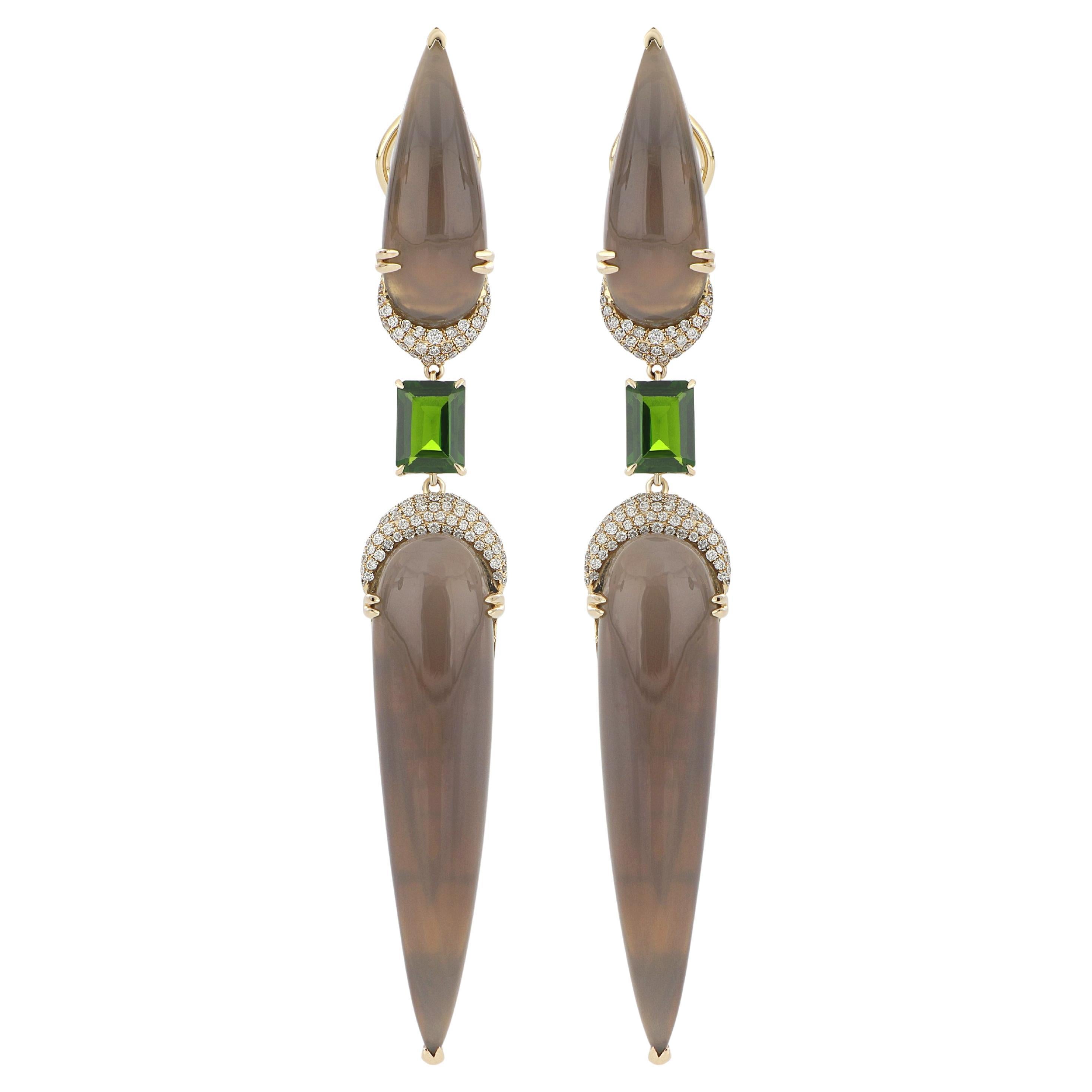 Grey Chalcedony, Chrome Diopside and Diamond Earring 14 Karat Yellow gold For Sale