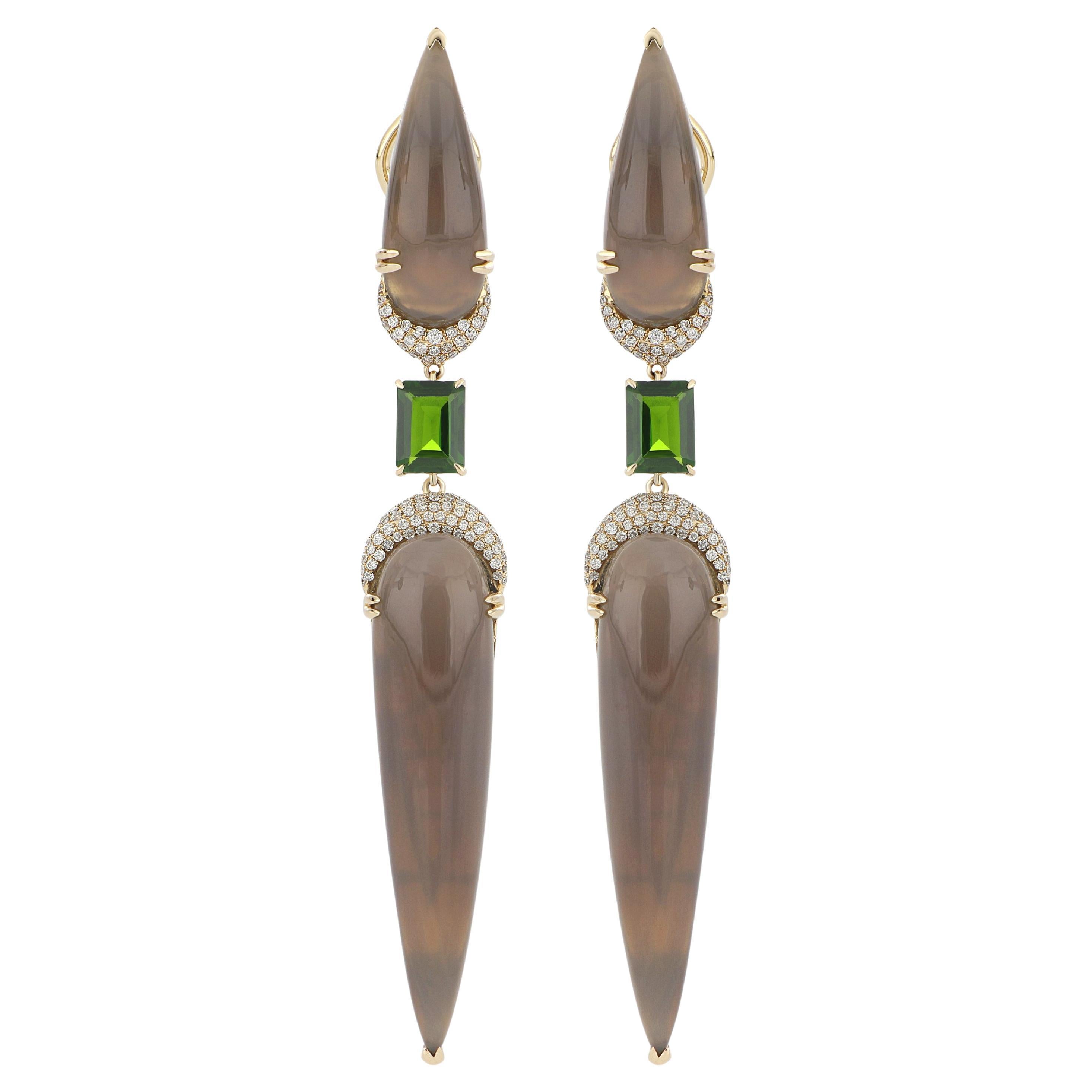 Grey Chalcedony, Chrome Diopside and Diamond Earring 14 Karat Yellow gold