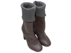 Grey Chanel Leather & Rib Knit Heeled Boots Size 37