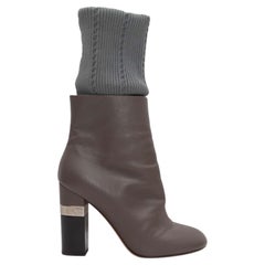Grey Chanel Leather & Rib Knit Heeled Boots Size 37