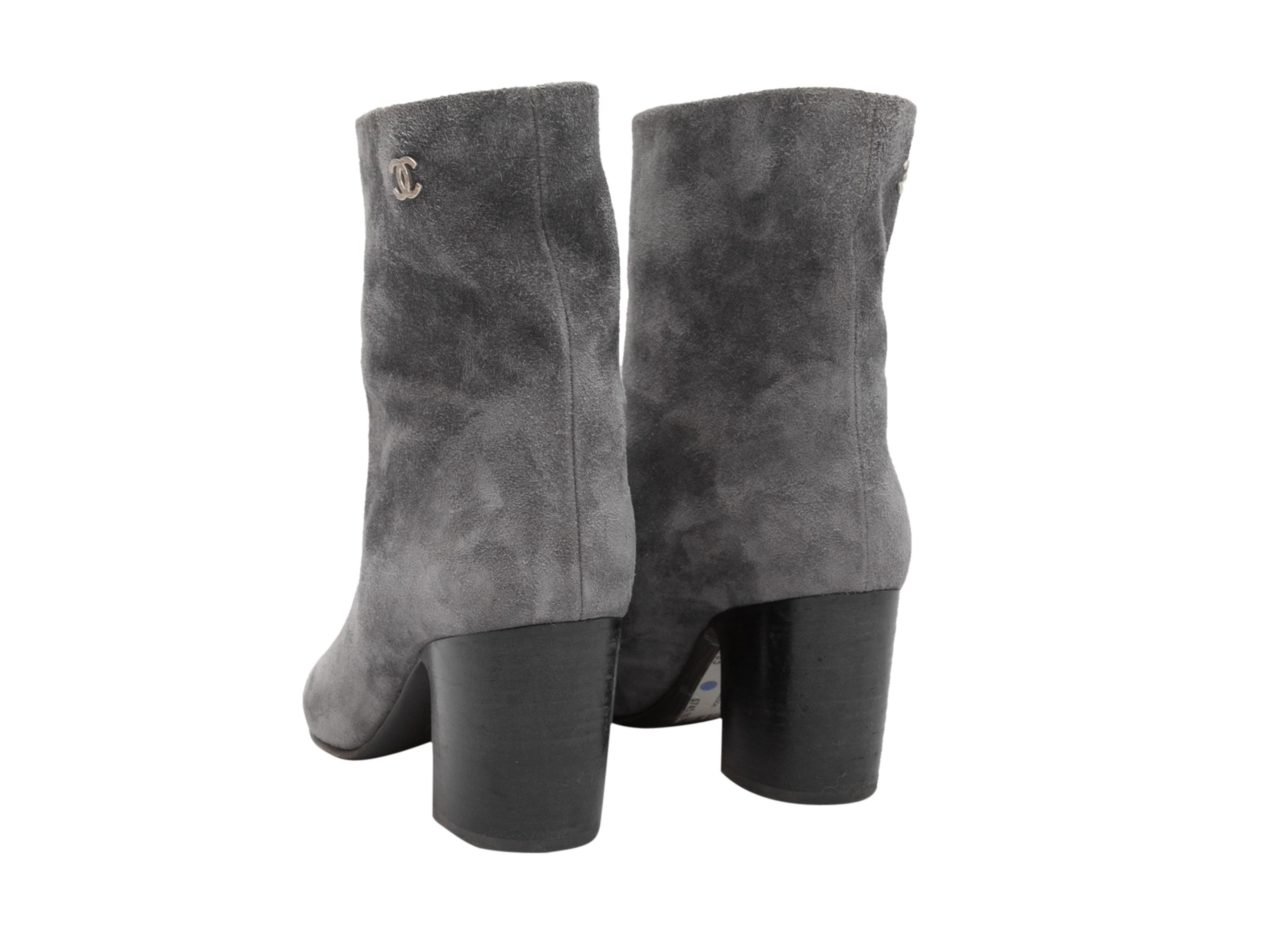 Grey Chanel Suede Heeled Ankle Boots For Sale 1