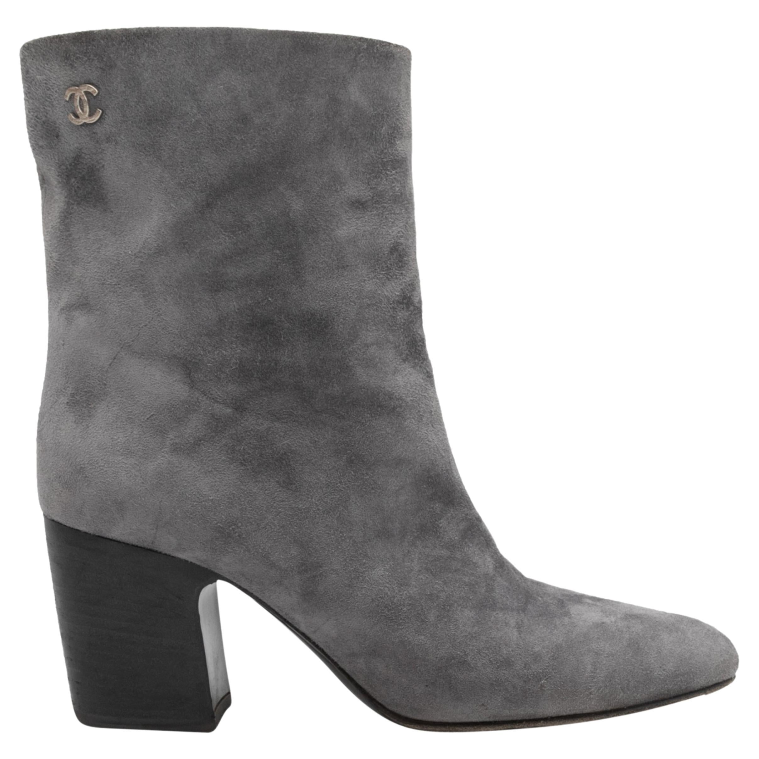 Grey Chanel Suede Heeled Ankle Boots For Sale