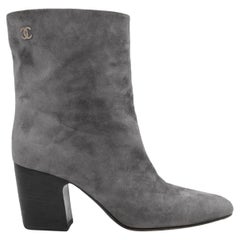 Grey Chanel Suede Heeled Ankle Boots