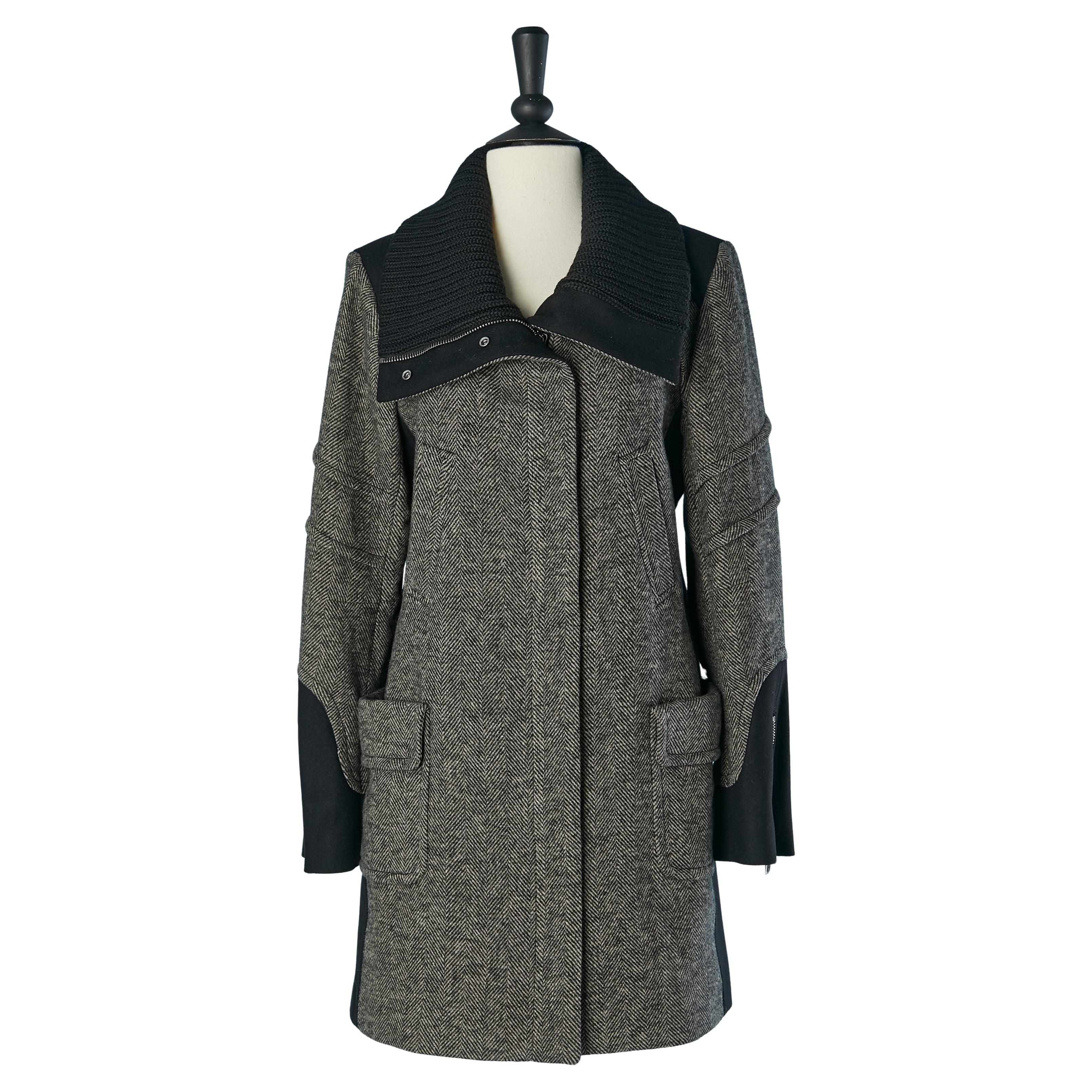 Grey chevron pattern coat with knit ribs collar BUI de BARBARA BUI