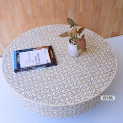 Grey Clove Bone Inlay Round Coffee Table with Hammered Brass by House of Jaipur