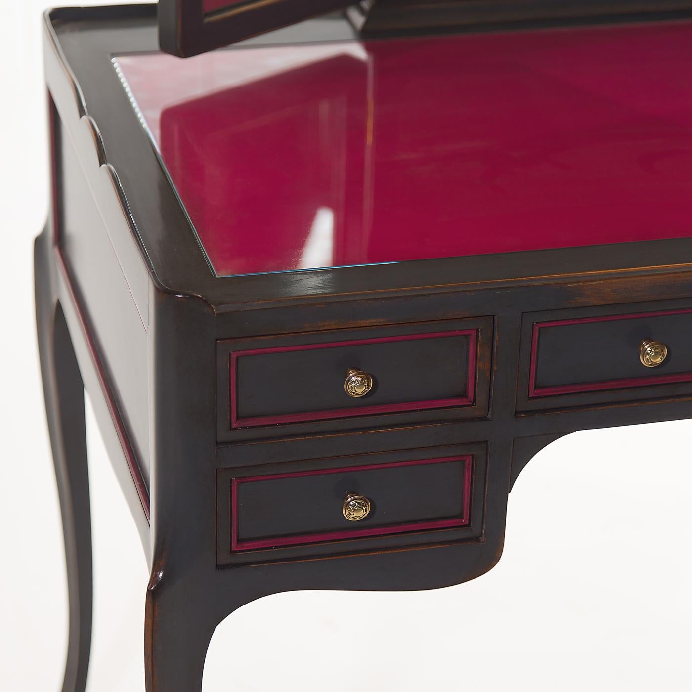 Coiffeuse Louis XV, lacquered wooden top with glass protection, 5 drawers, upper part with clear mirror.