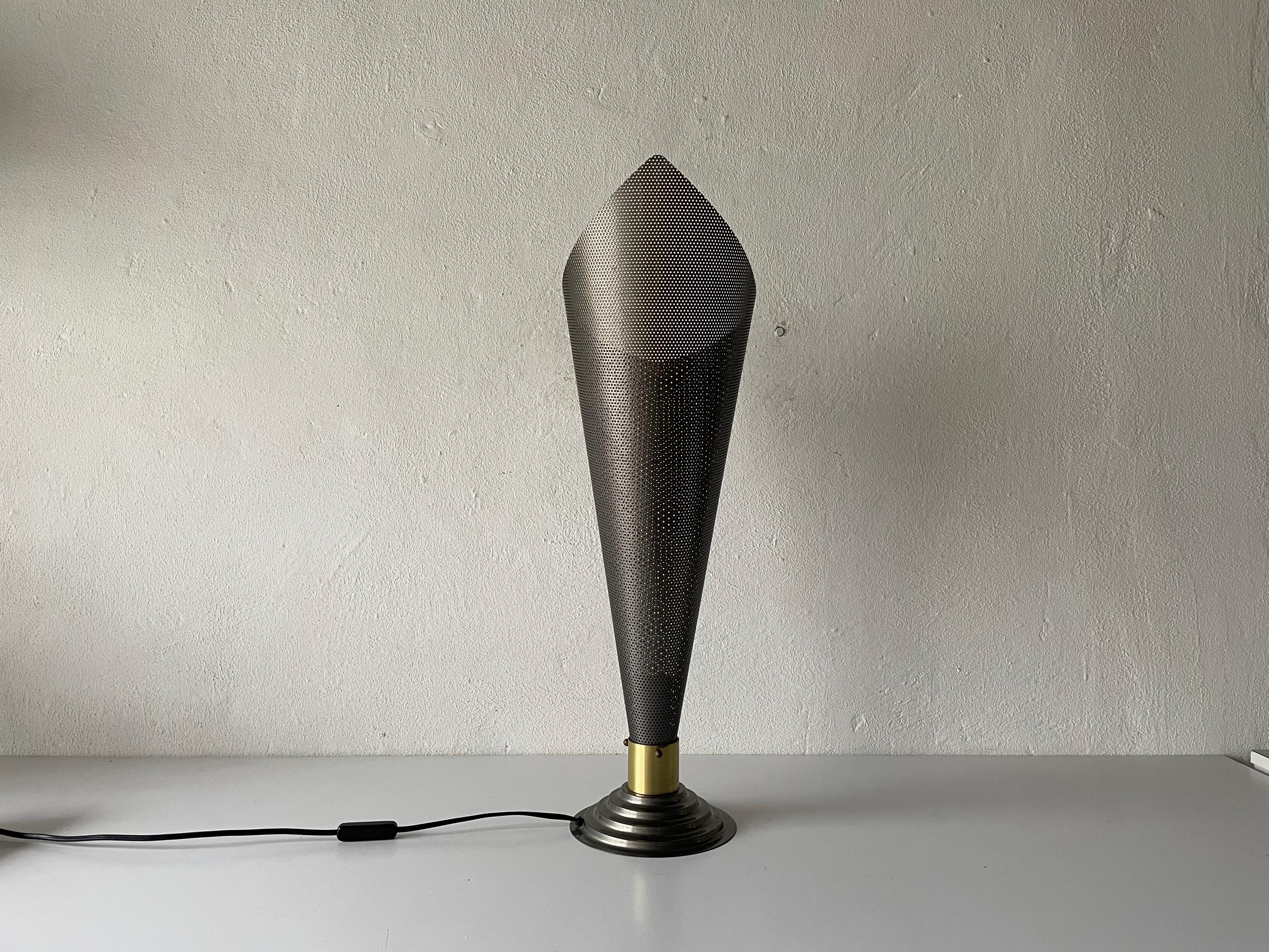 Grey Conic Design wonderful table lamp, In style of Mathieu Matégot, 1970s, Germany

Lampshade is in very good vintage condition.

This lamp works with E27 light bulbs. 
Wired and suitable to use with 220V and 110V for all