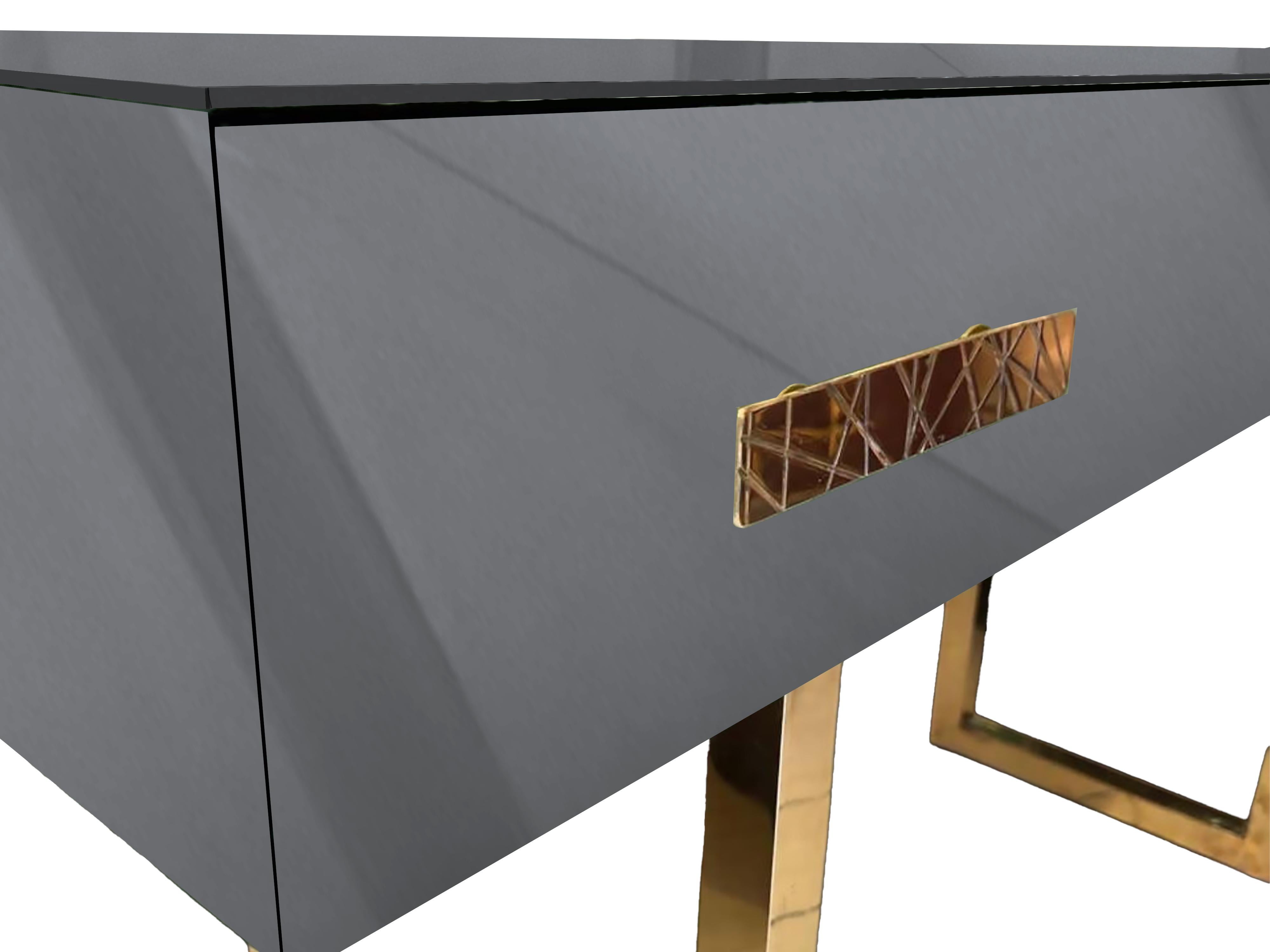 Mid-Century Modern Grey Console Table with Murano Glass and Brass Handles with 'Carved' Effect For Sale