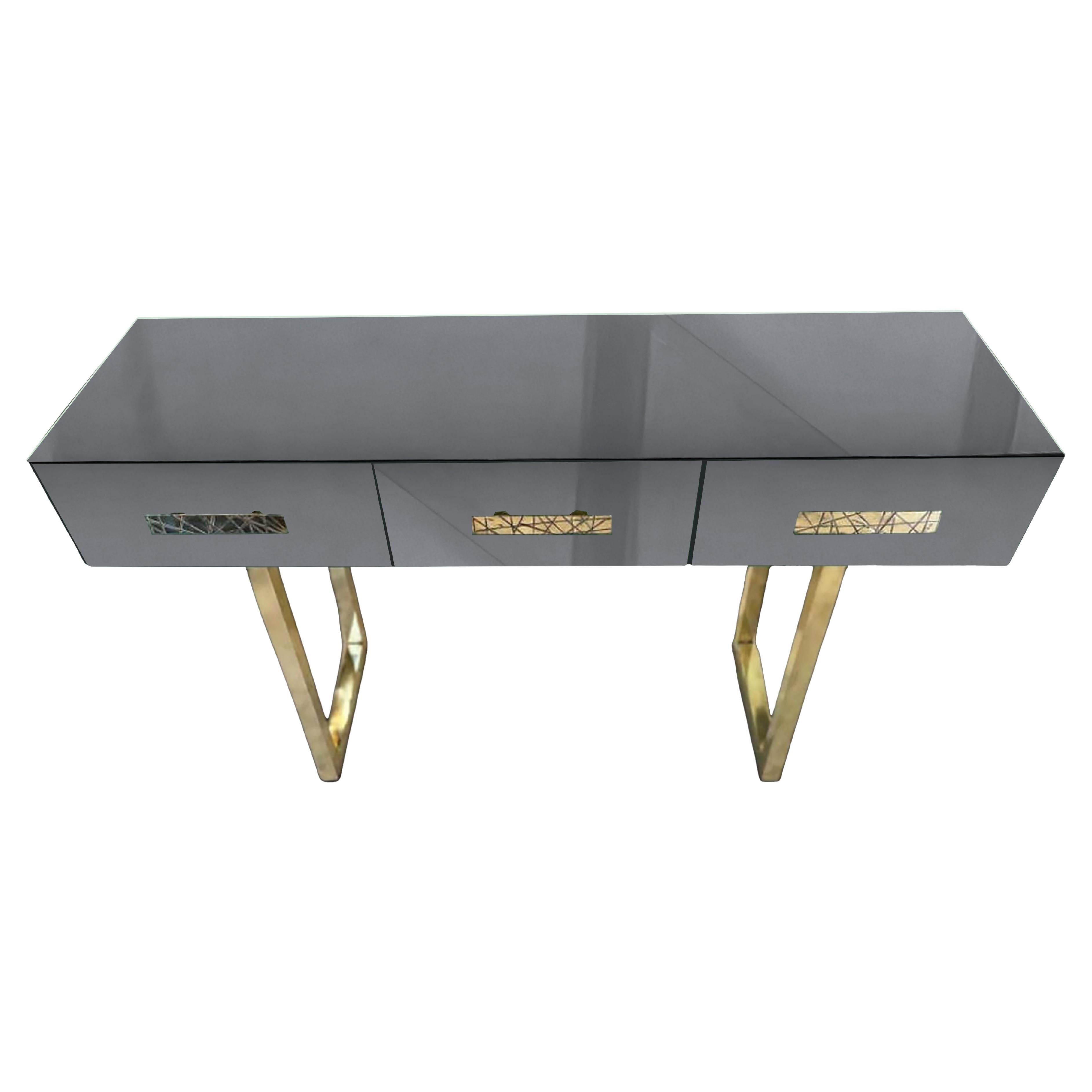 Grey Console Table with Murano Glass and Brass Handles with 'Carved' Effect For Sale