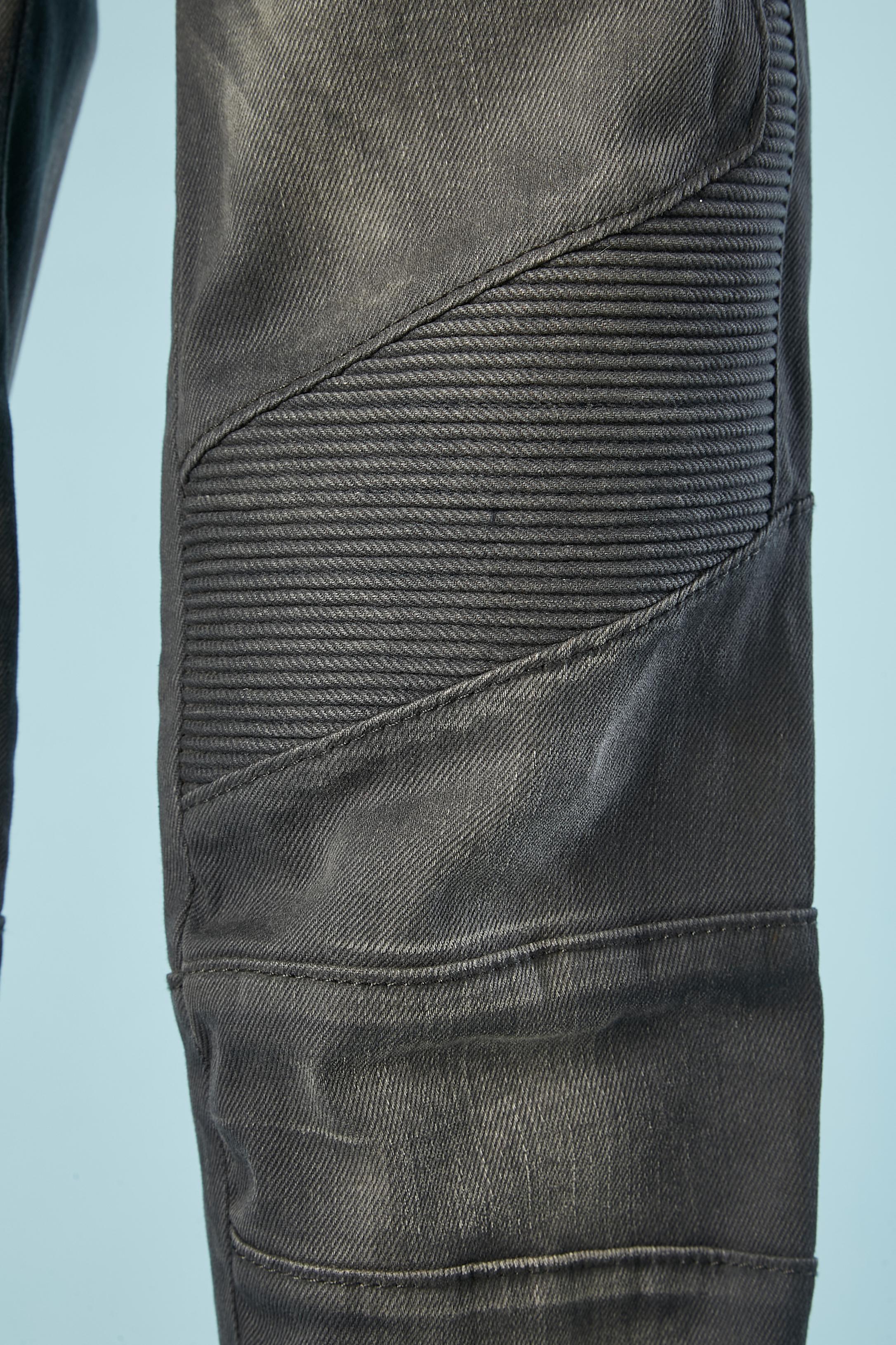 Black Grey cotton denim jean biker style Balmain  For Sale