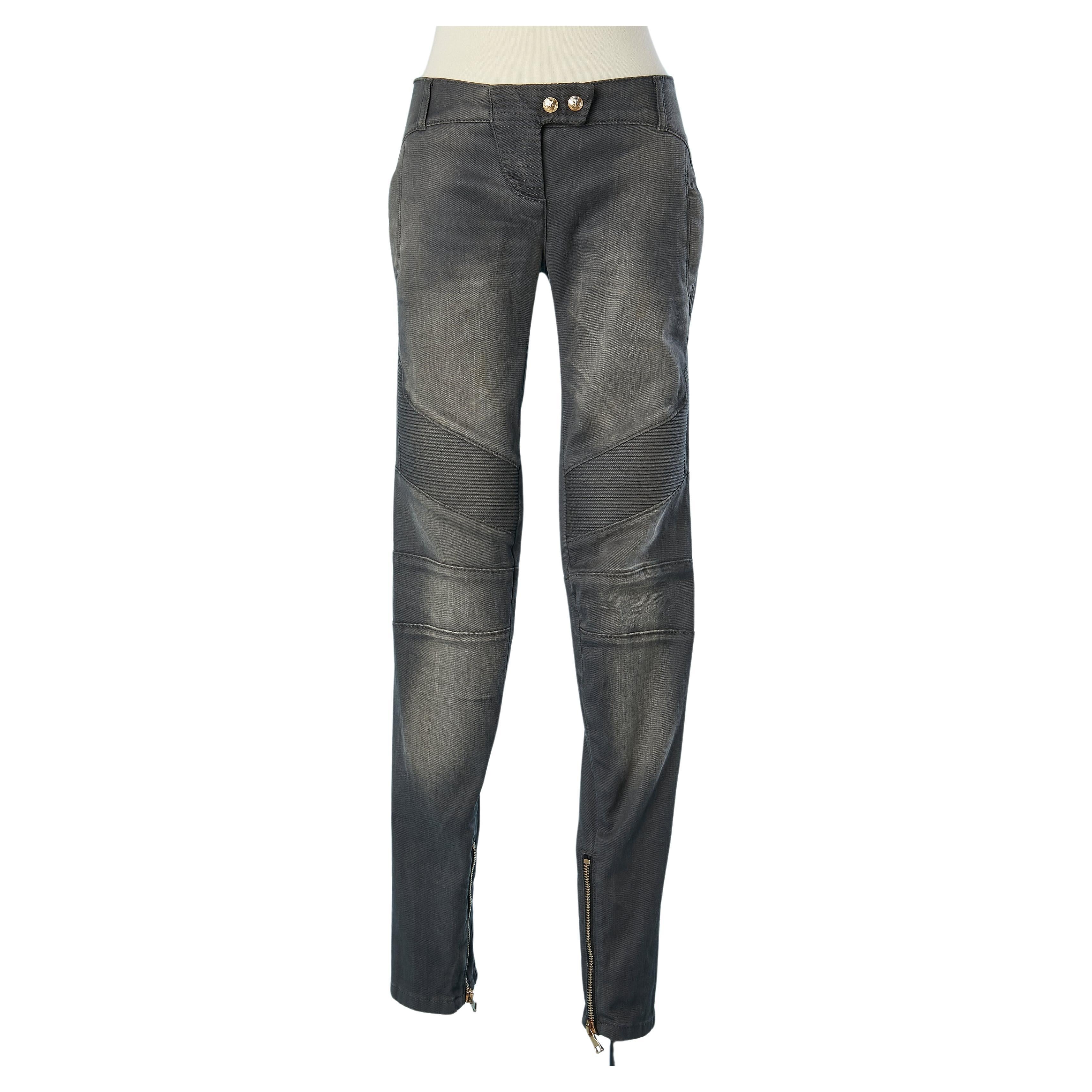 Grey cotton denim jean biker style Balmain  For Sale