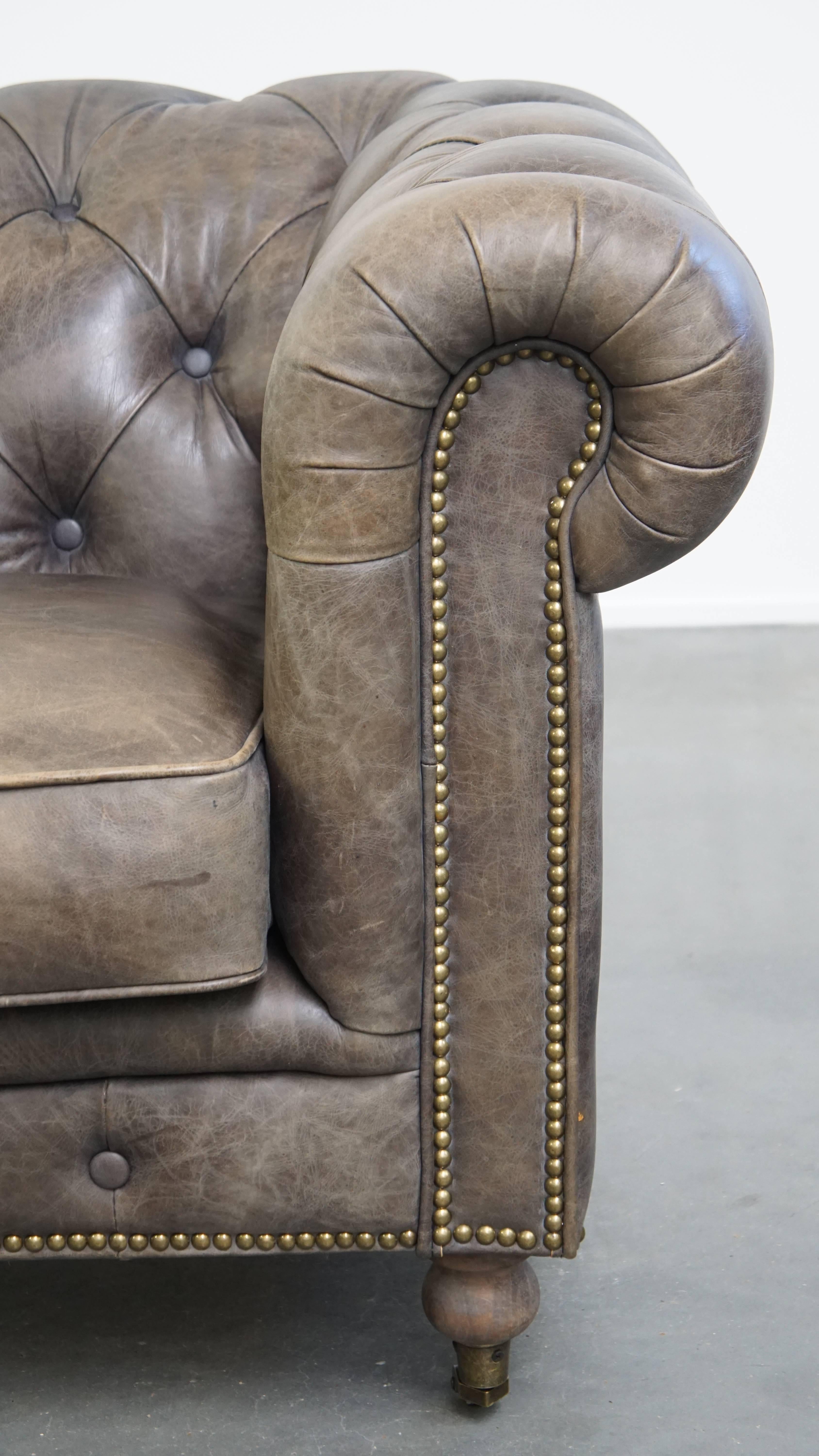Grauer Chesterfield-Clubsessel aus Rindsleder im englischen Stil auf Rollen im Angebot 3