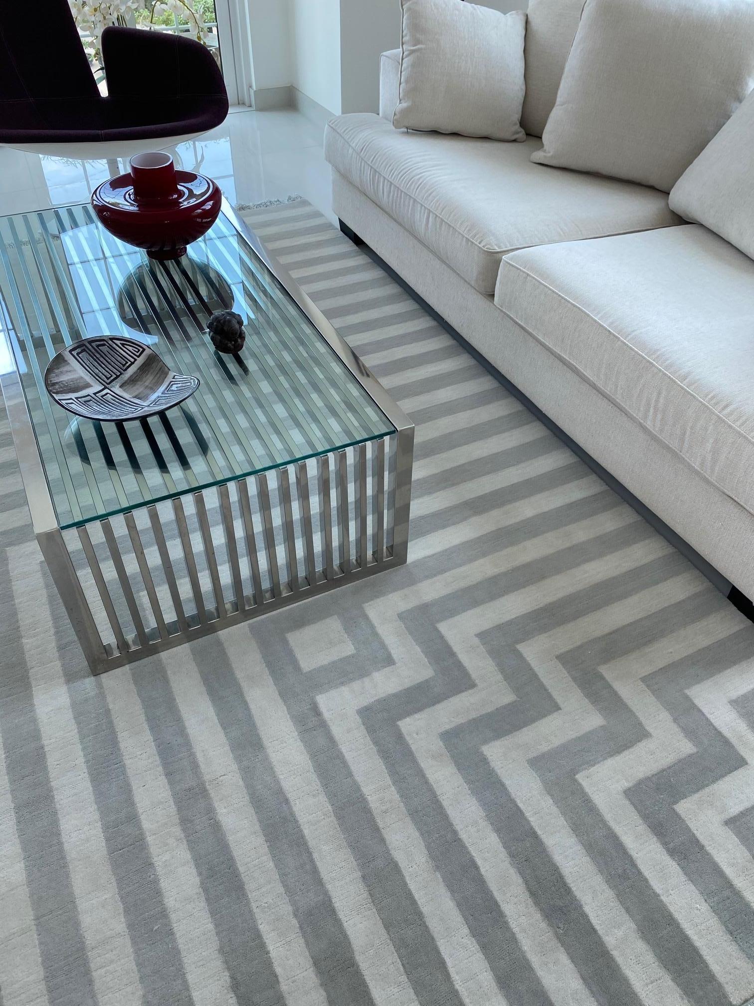 Indian Rug  stripes Minimalist Modern Wool Carpet Geometric light Grey Cream Neutral  For Sale