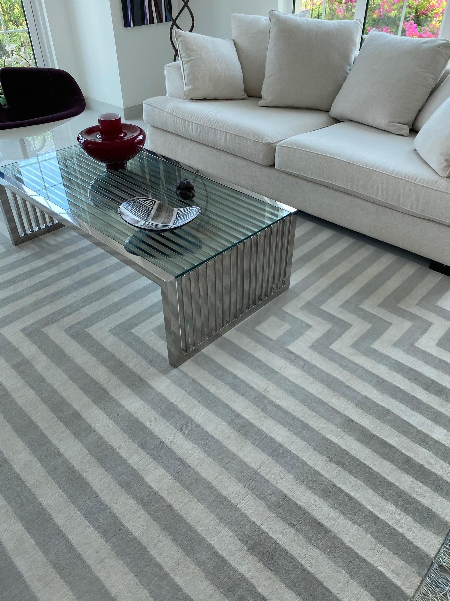 Hand-Knotted Rug  stripes Minimalist Modern Wool Carpet Geometric light Grey Cream Neutral  For Sale