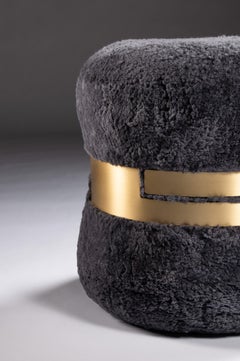 Grey Curly Shearling Ottoman with Shiny Nickeled Golden Steel Band, C14