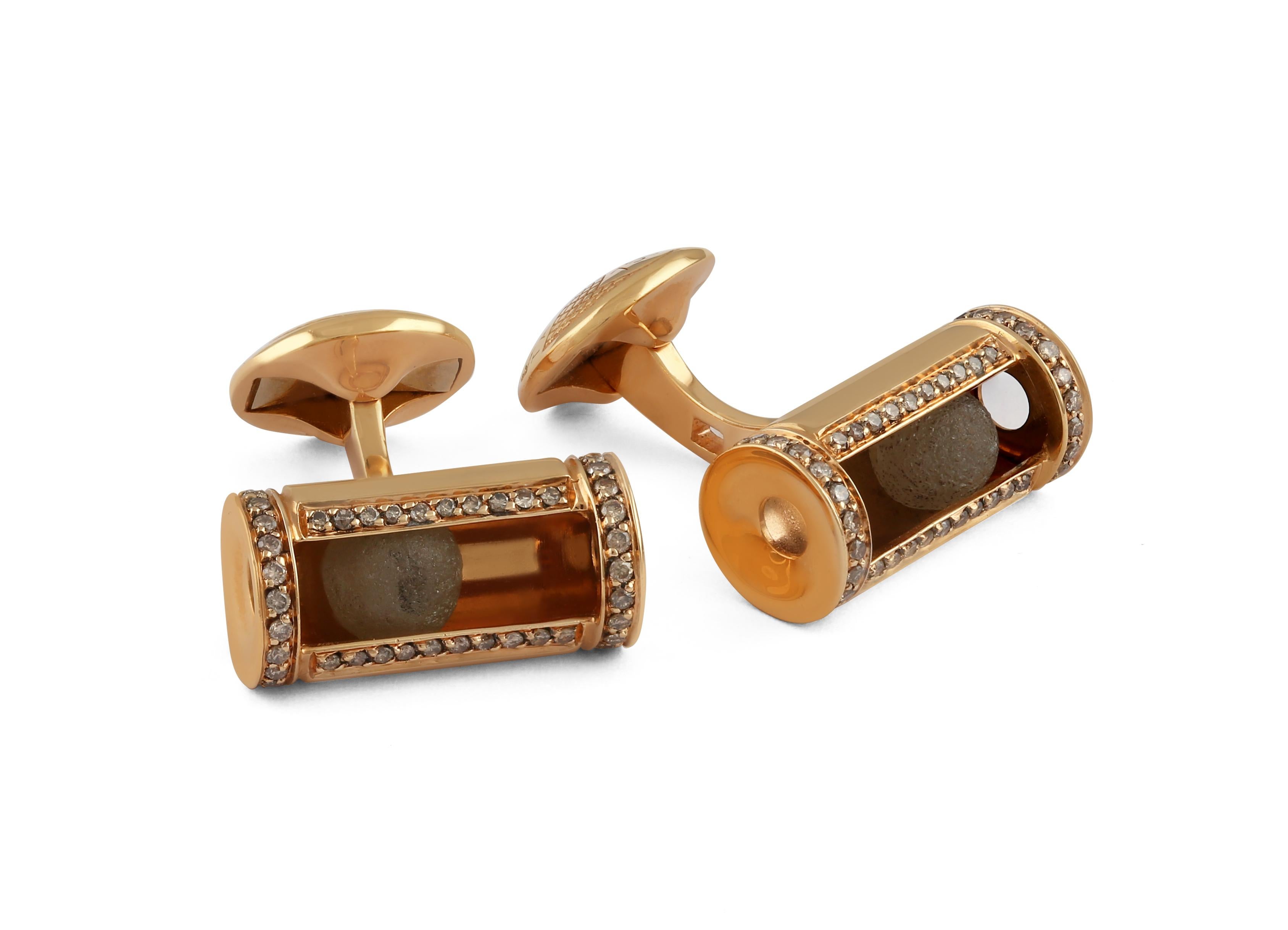 A magnificent collection of rough and polished diamonds, set within a simplistic case, decorated with frames of pave diamonds. A unique collection of one-of-a-kind cufflinks, each case expertly designed to capture the diamonds exact periphery.
