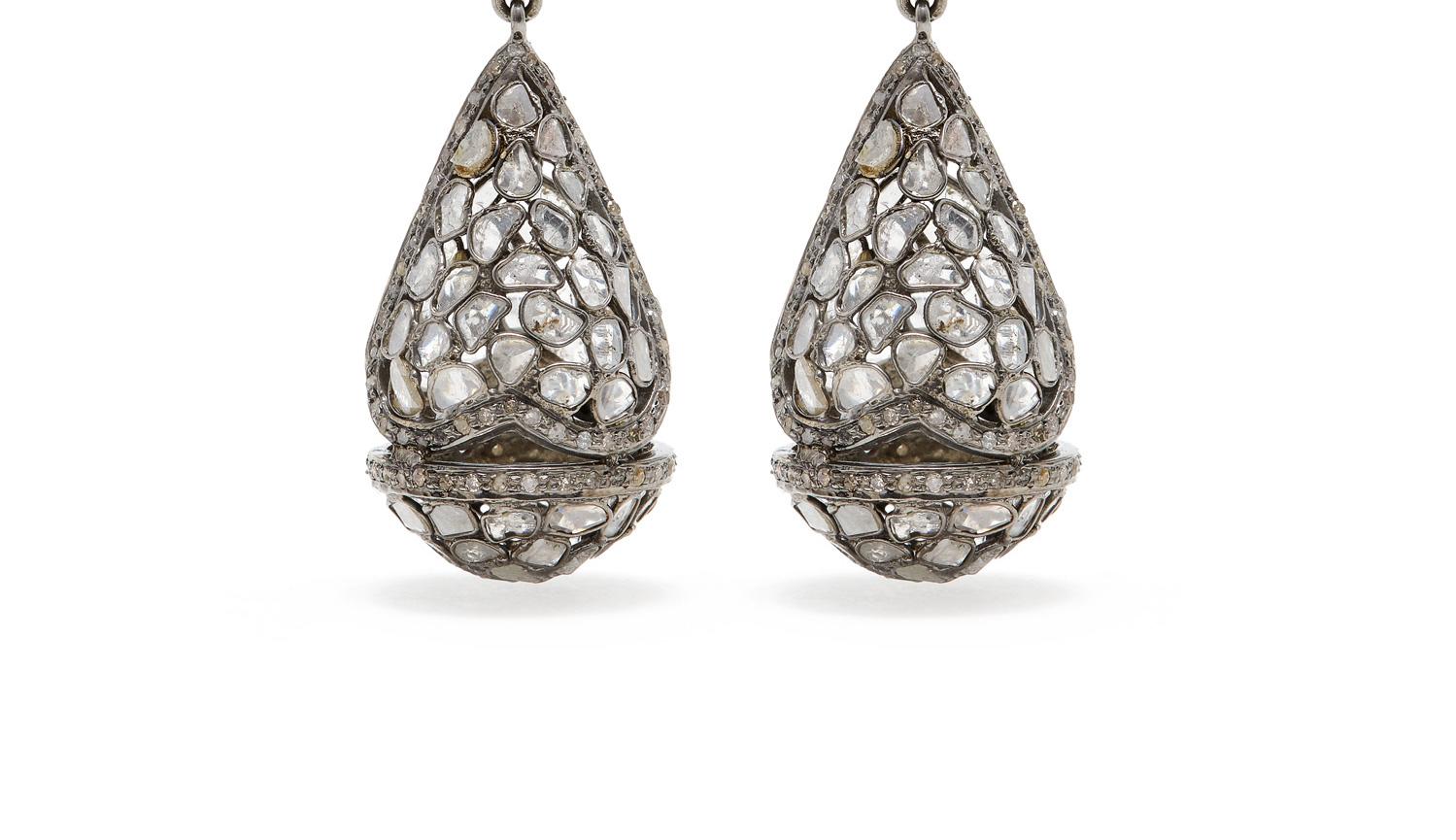 Mixed Cut Grey Diamond Chandelier Dome Earrings  For Sale