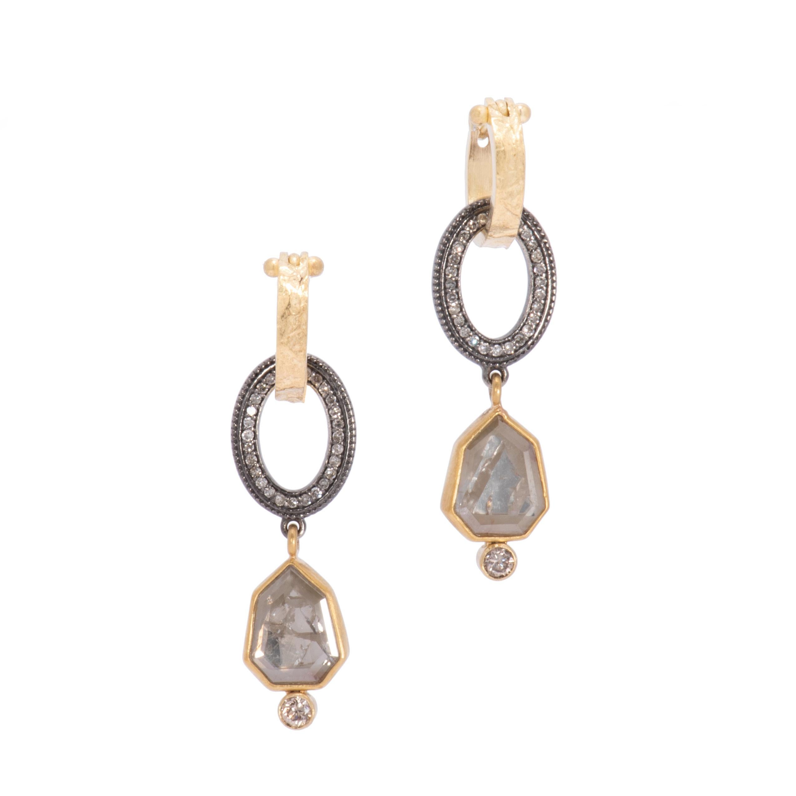 Silver-grey rose cut Grey Diamonds 3.77 tcw flash like vintage mirrors in a Tuscan villa. Cognac diamond points .22 tcw glimmer below and all are hung from oxidized sterling silver ovals set with shining pave white diamonds. Bezel set in 18 karat