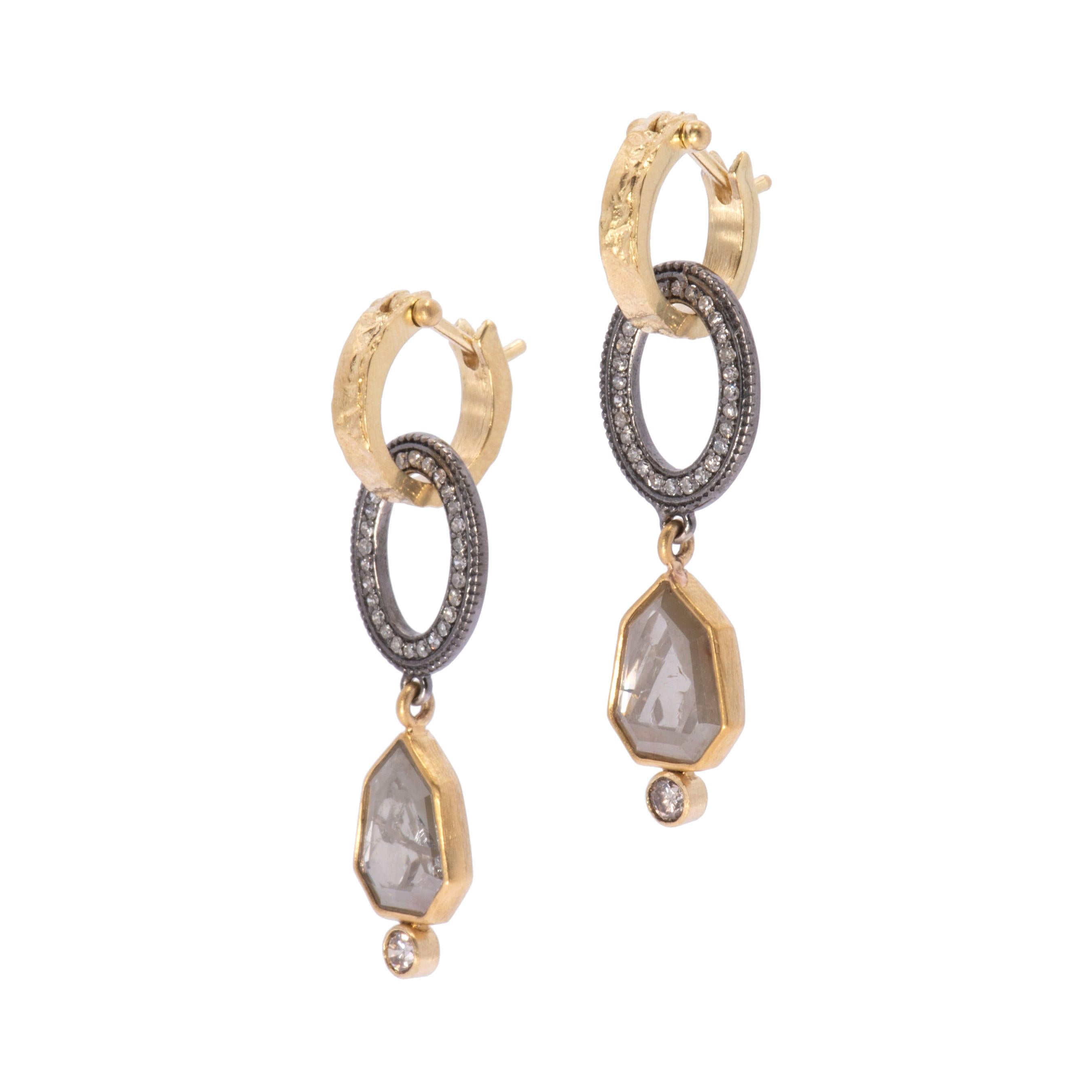 Grey Diamond Vintage Mirror Drop Earrings in 18 Karat Gold For Sale