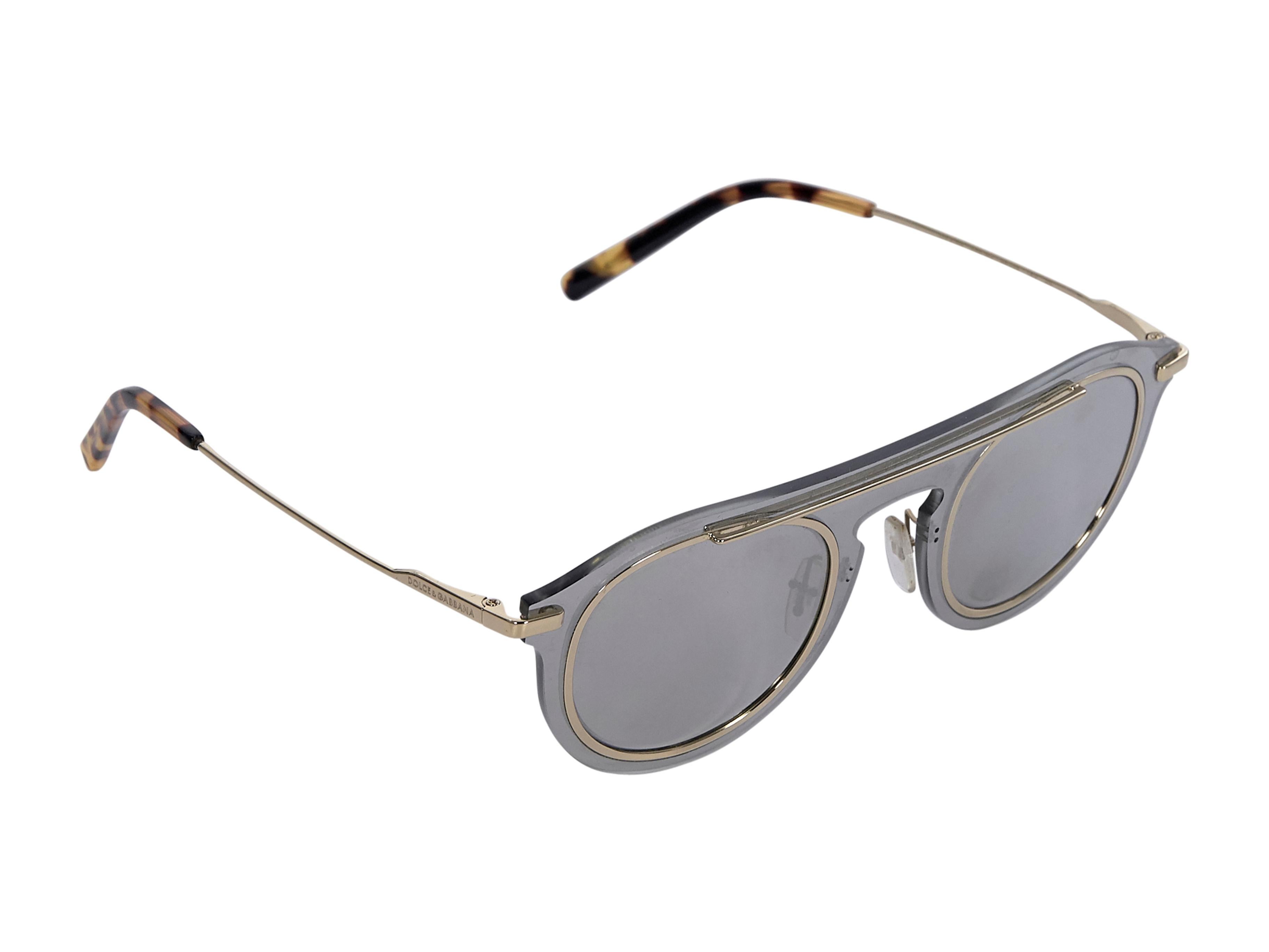 Product details: Grey mirrored aviator sunglasses by Dolce & Gabbana. Gold-tone metal trim. Gold-tone and tortoise-shell stems. Style yours with a metallic knit swimsuit. Case included. 6.5