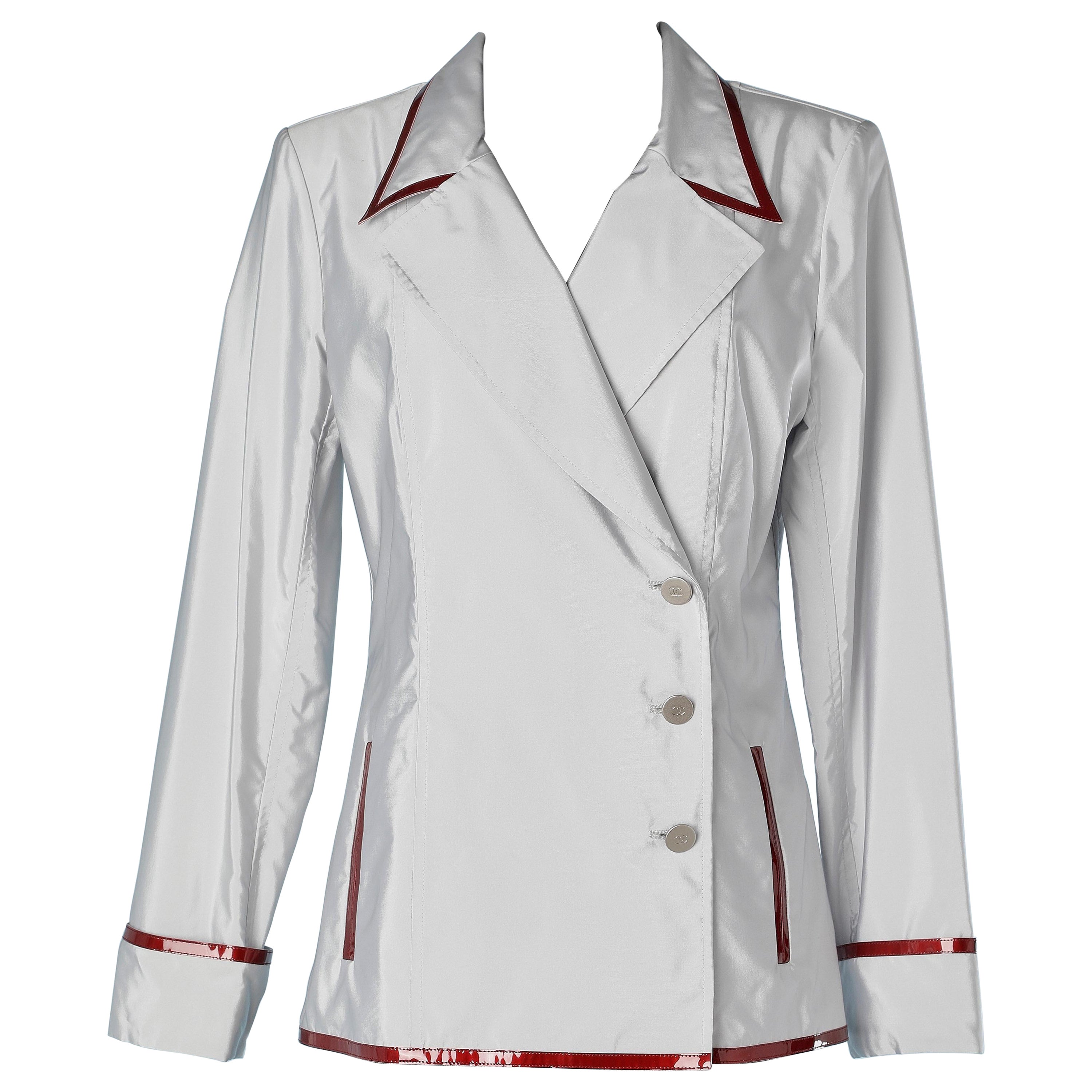Grey double-breasted nylon jacket with burgundy patent leather edge Chanel For Sale