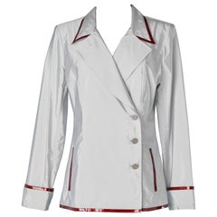 Grey double-breasted nylon jacket with burgundy patent leather edge Chanel