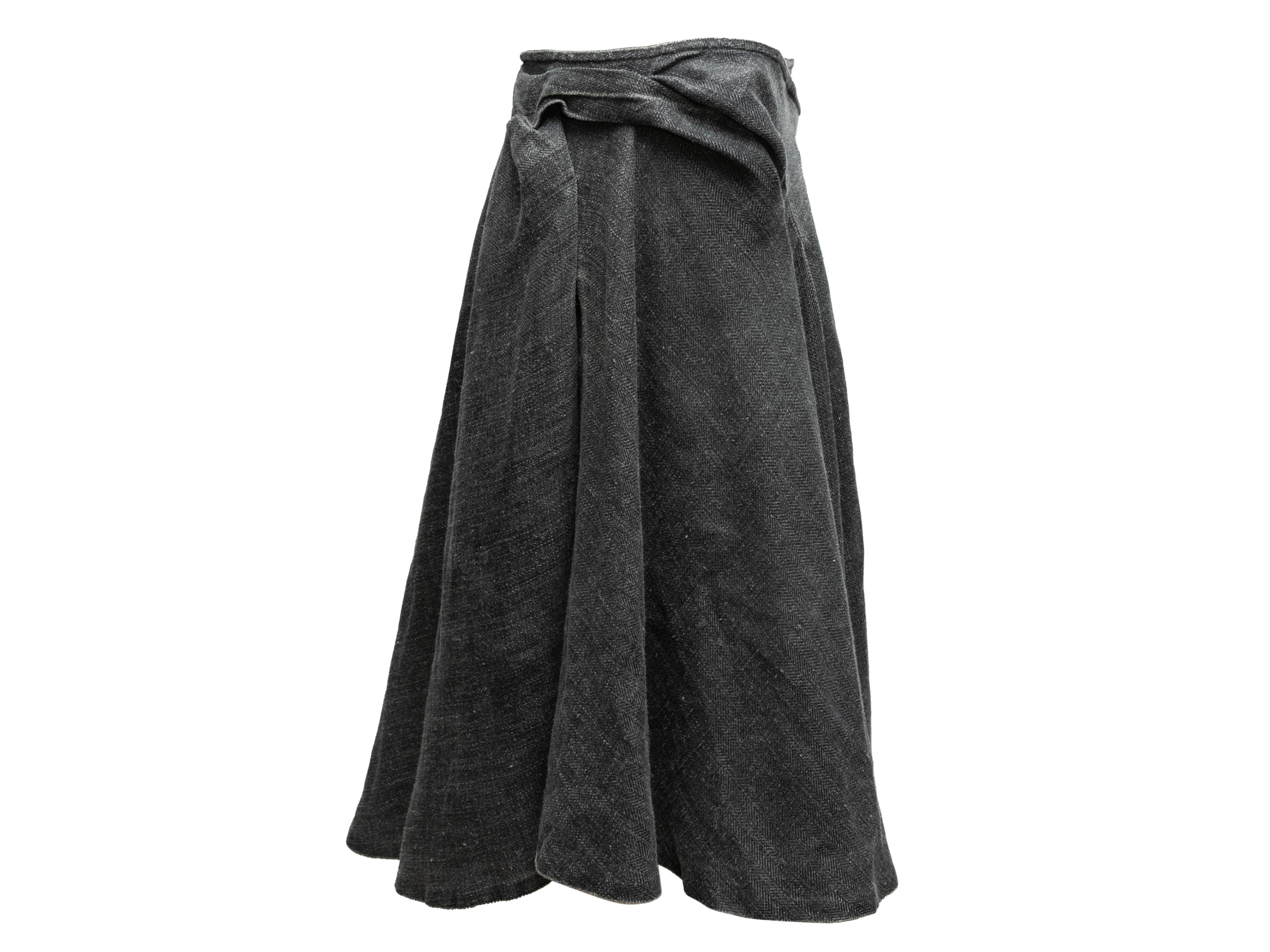Gonna a portafoglio al ginocchio in lino grigio di Dries van Noten. Vita 33