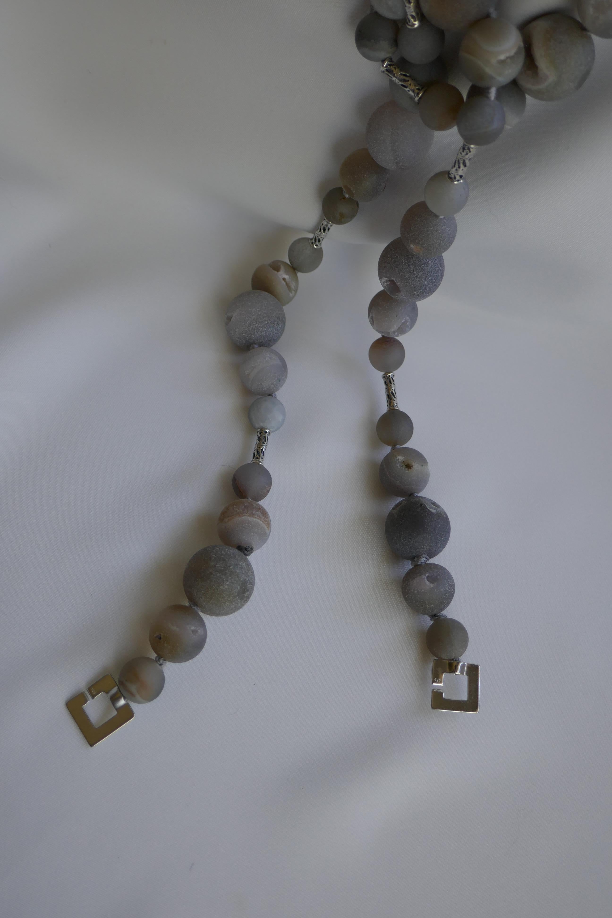 Grey Druzy Quartz 925 Sterling Silver Long Gemstone Necklace In New Condition For Sale In Coral Gables, FL