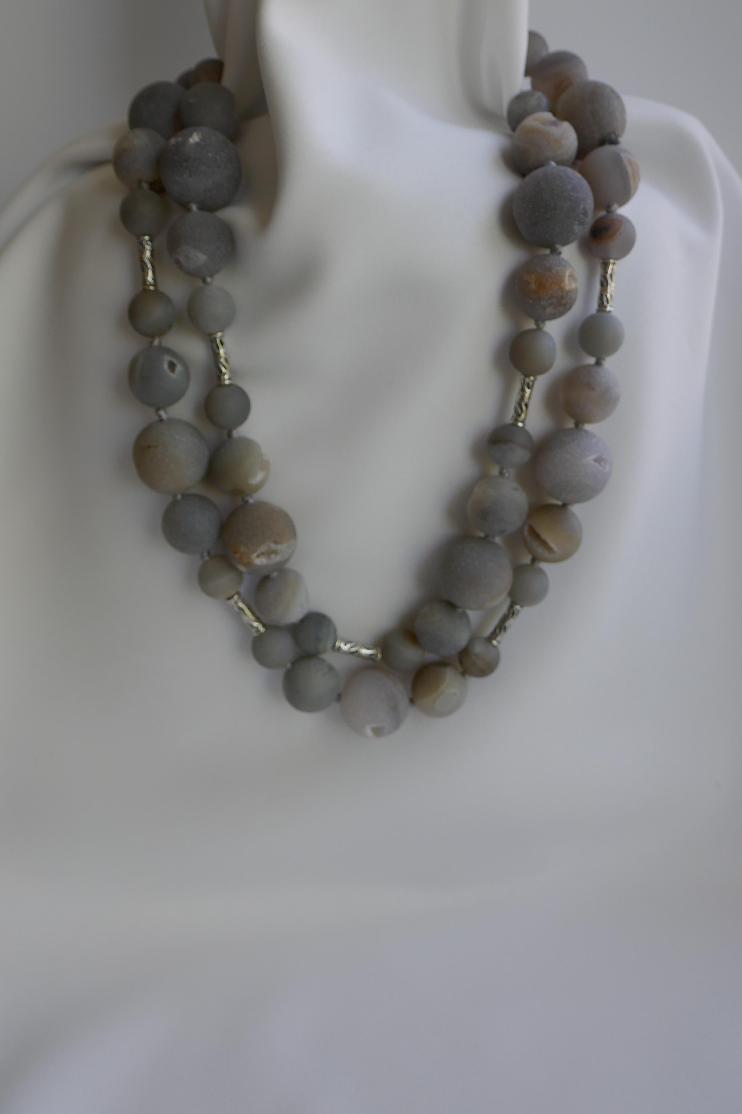 Women's Grey Druzy Quartz 925 Sterling Silver Long Gemstone Necklace For Sale