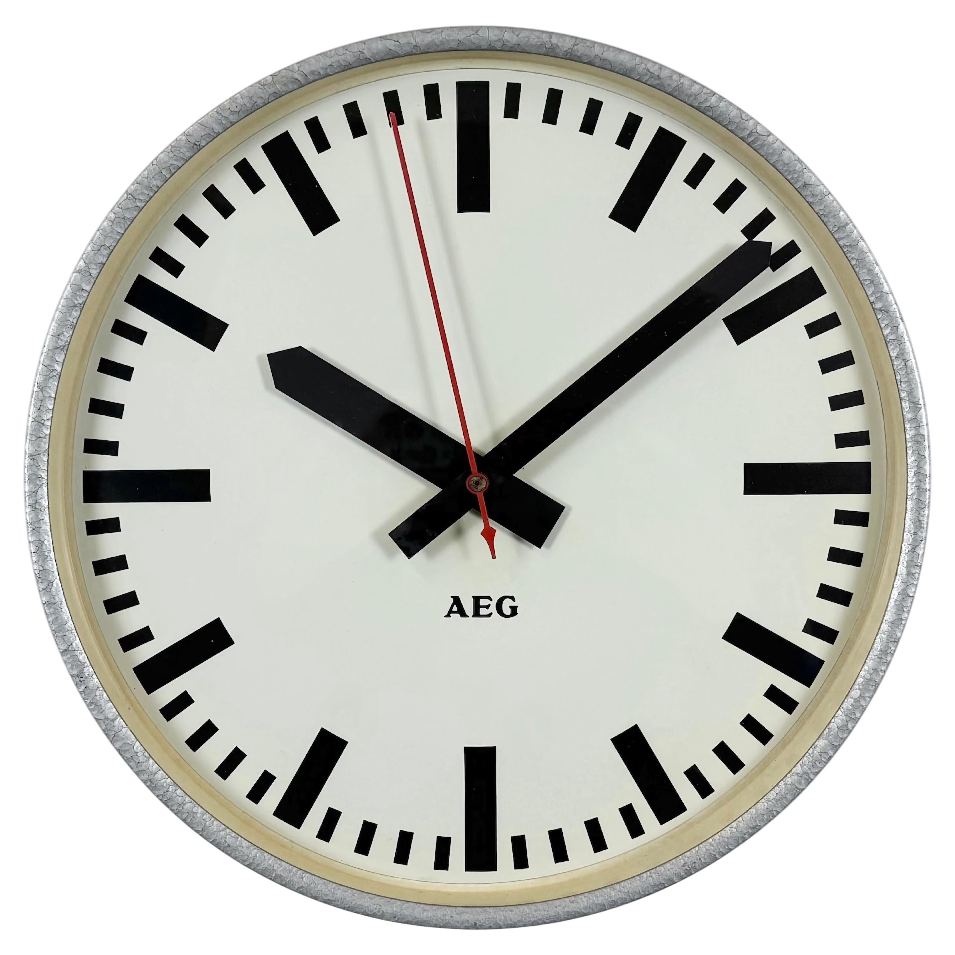 Grey German Industrial Electric Station Wall Clock from AEG, 1960s