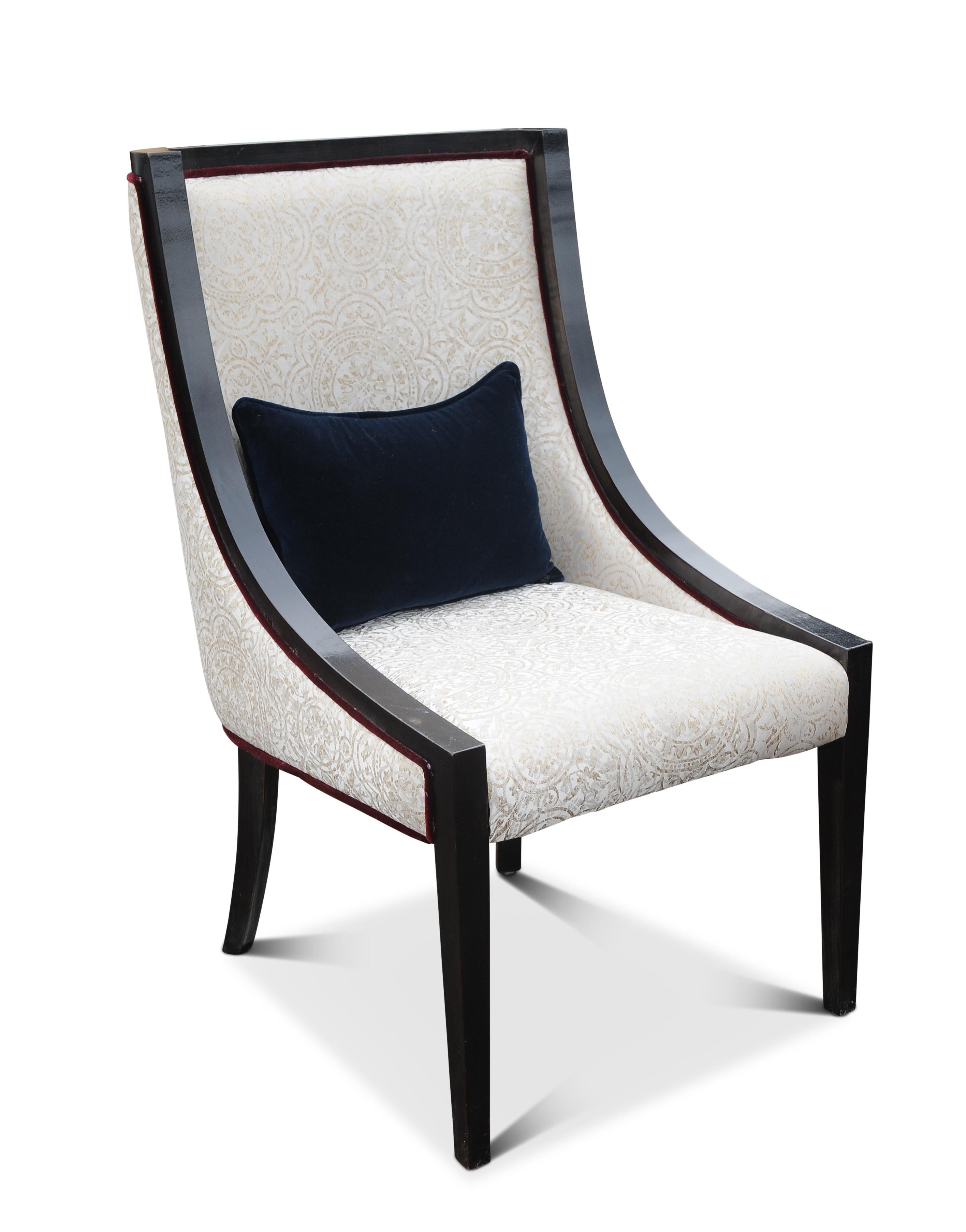 British Empire Revival Gondola Dining Chair Finished With An Ebonised Frame, Grey Damask For Sale