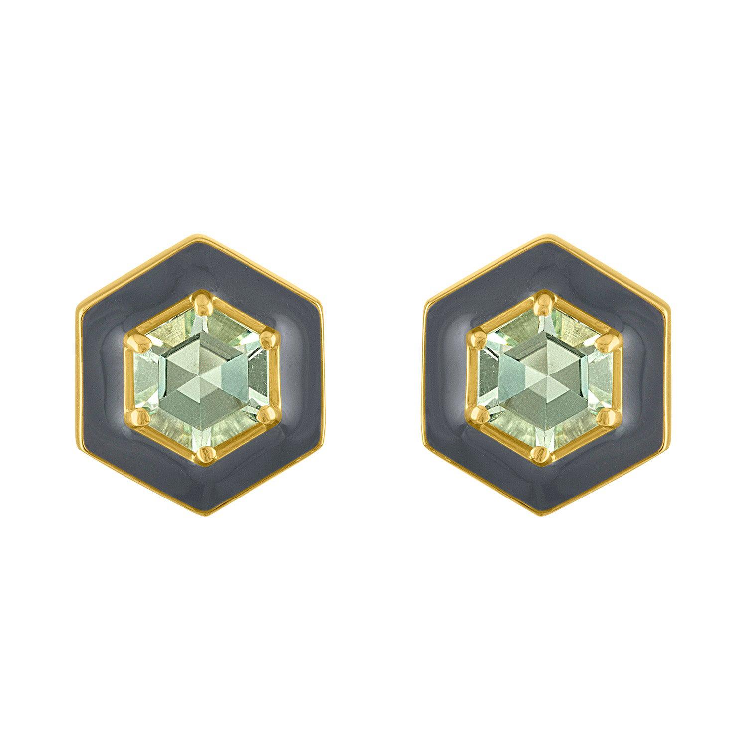 Grey Enamel Hexagon Stud in 14 Karat Gold with Green Topaz Facetted Stone For Sale