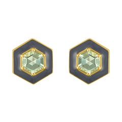 Clous d'oreilles hexagonaux en or 14 carats, émail gris et pierre à facettes de topaze verte