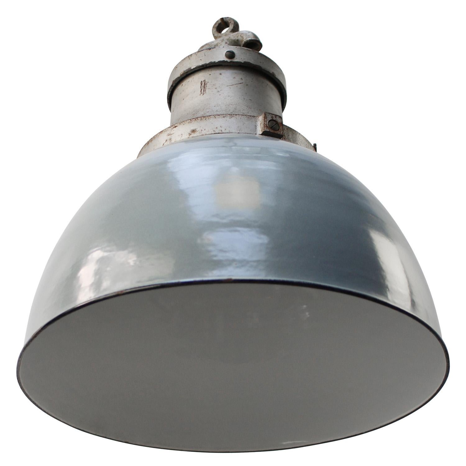 German Grey Enamel Vintage Industrial Cast Iron Pendant Lights by HWK For Sale