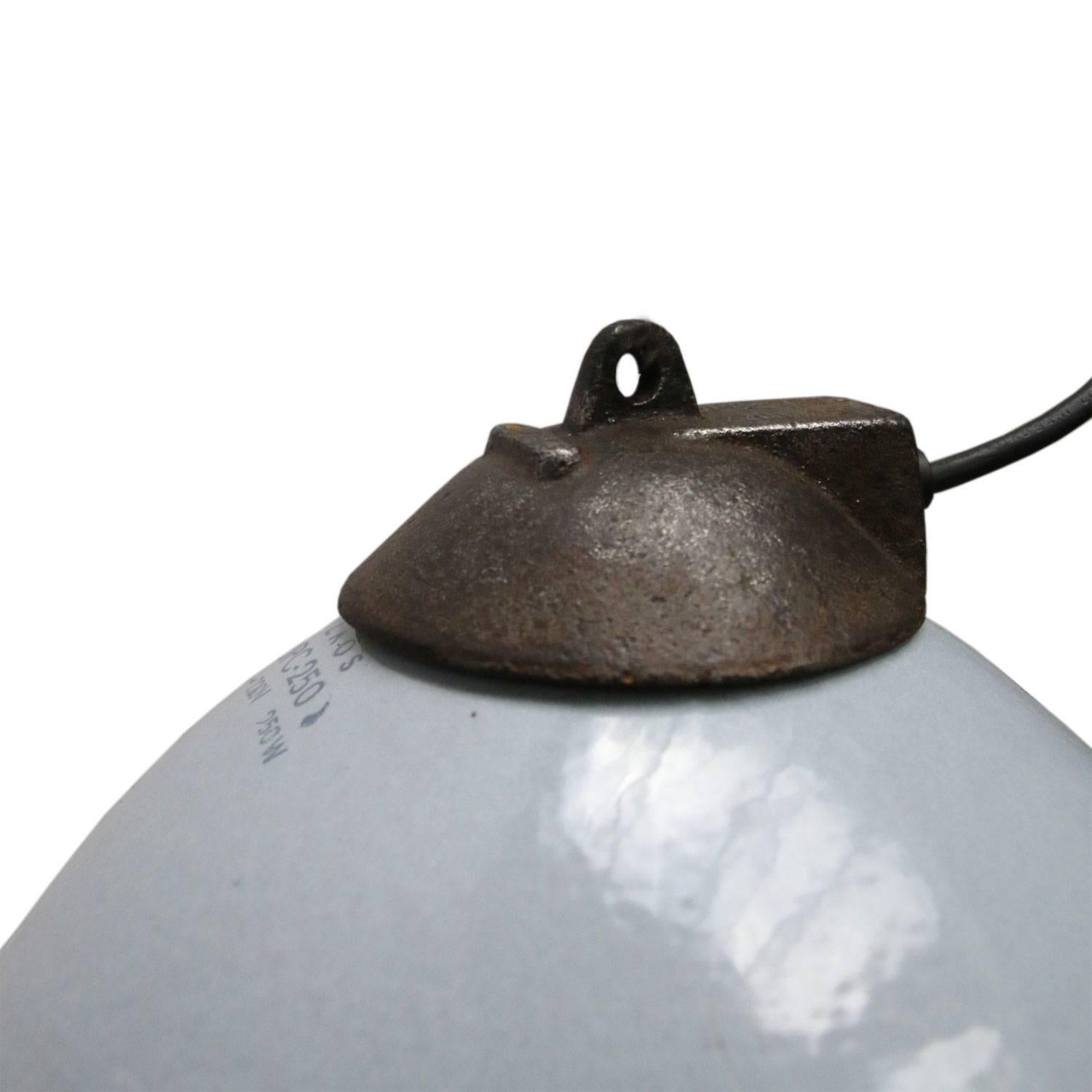 Grey enamel factory pendant.
White enamel white interior cast iron top.

Weight: 1.9 kg / 4.2 lb

All lamps have been made suitable by international standards for incandescent light bulbs, energy-efficient and LED bulbs. New wiring is CE