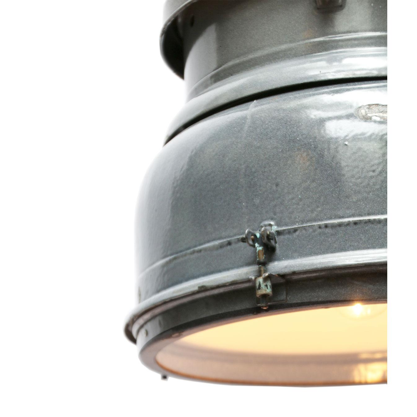 Czech Grey Enamel Vintage Industrial Clear Glass Pendant Lamp For Sale